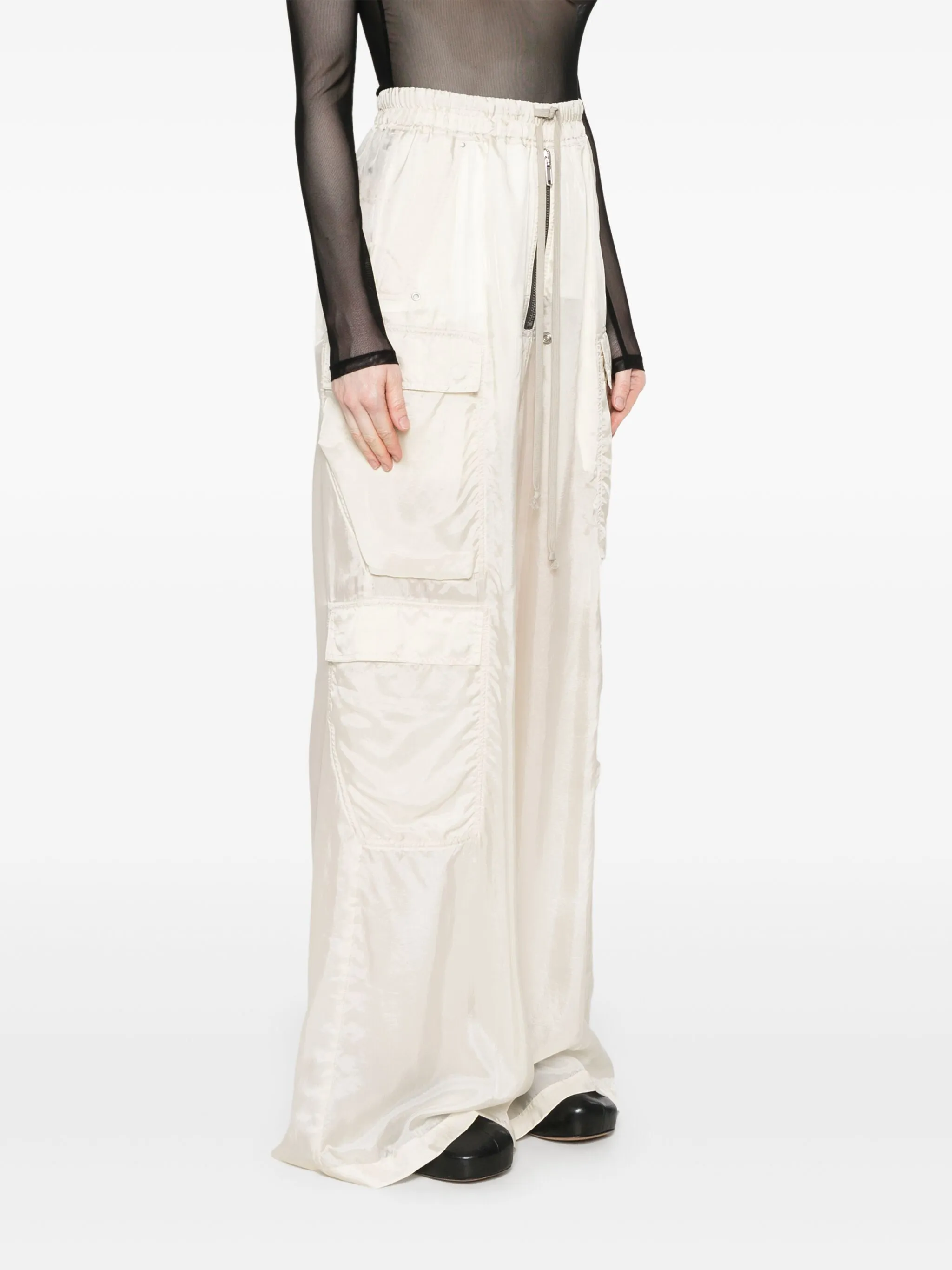 RICK OWENS Wide Leg Cargo Trousers with Drawstring Waist