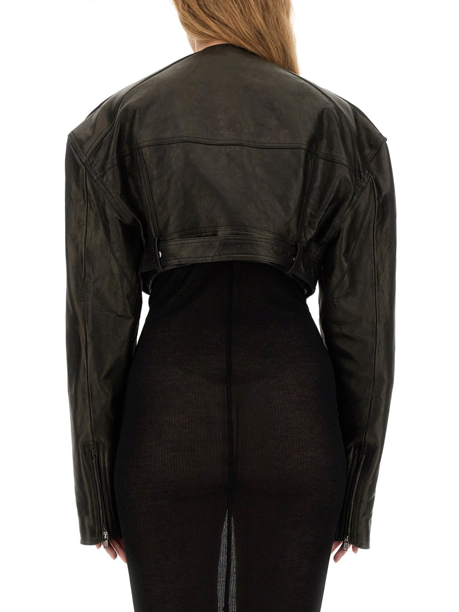 RICK OWENS Cropped 100% Lamb Leather Biker Jacket - Size 40