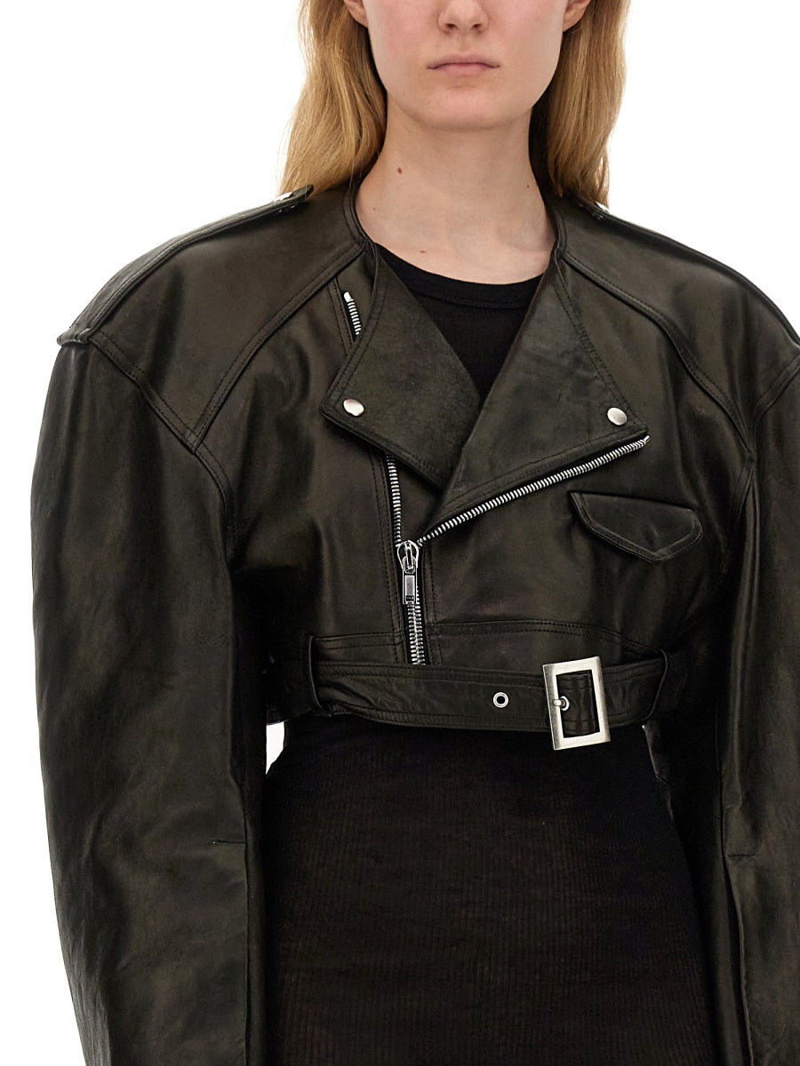 RICK OWENS Cropped 100% Lamb Leather Biker Jacket - Size 40
