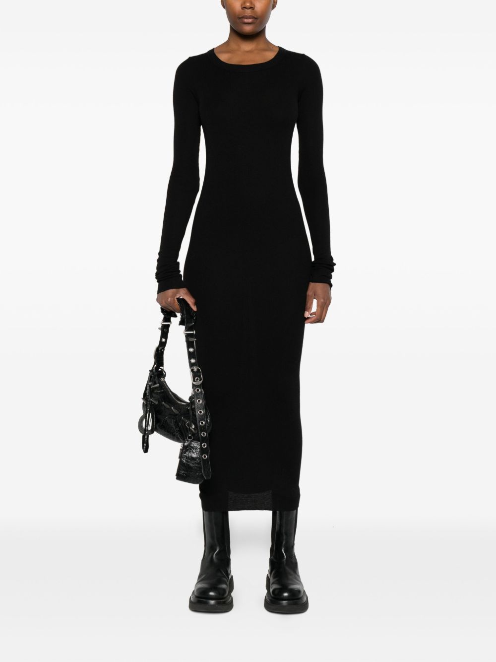 RICK OWENS MIDI DRESS with Round Neck and Long Sleeves
