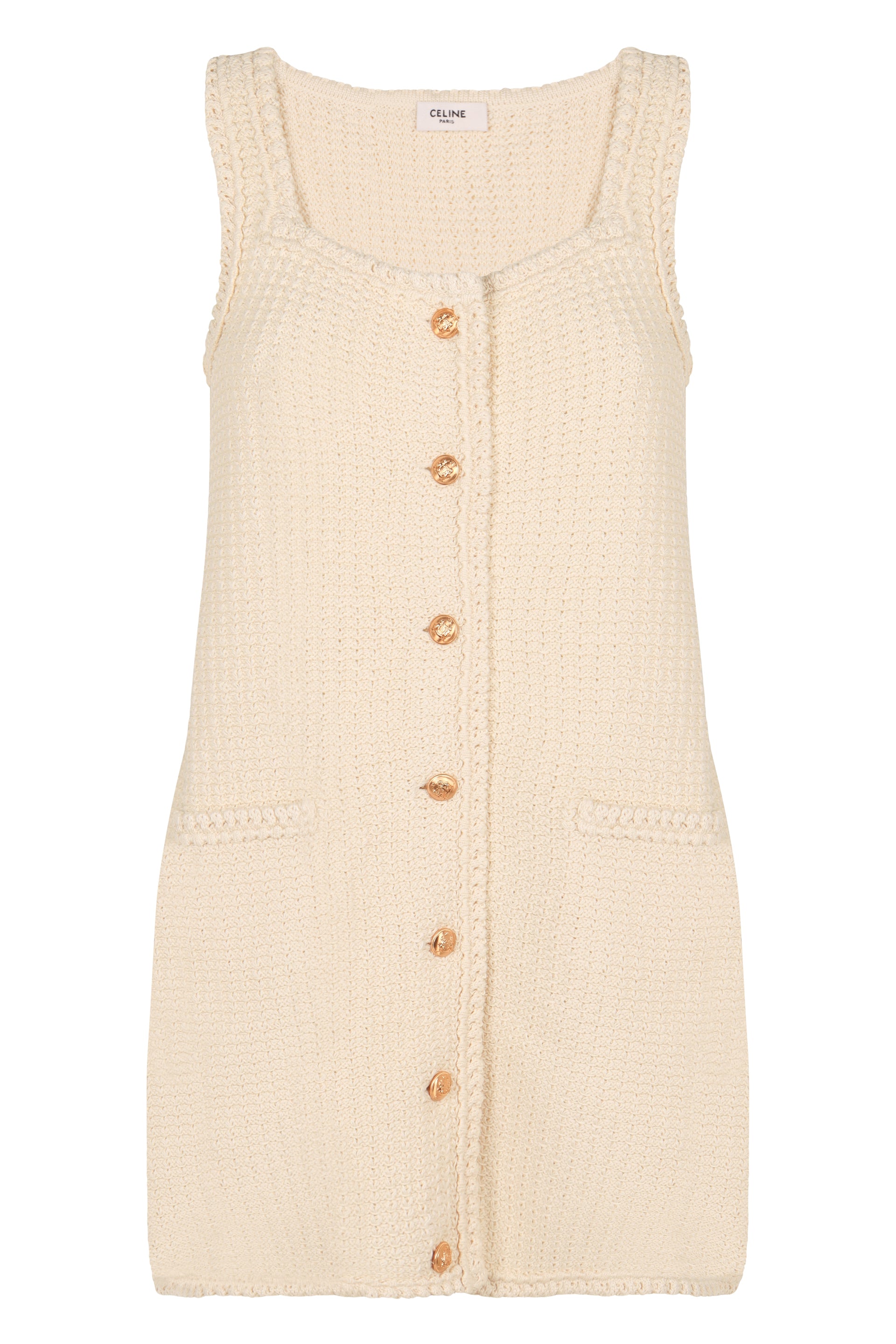 CELINE Embellished Button Cotton Mini Dress