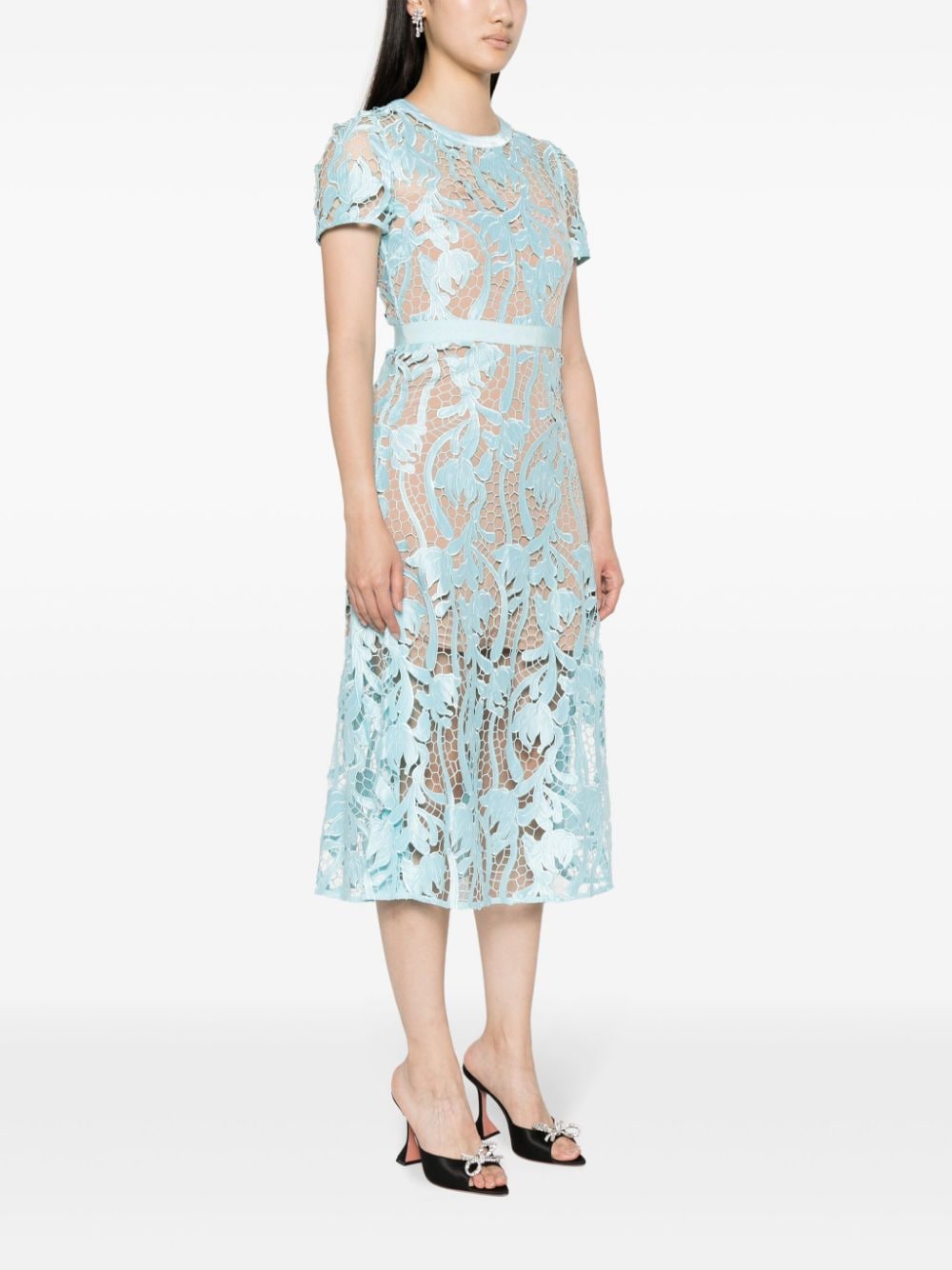 SELF-PORTRAIT Lace Midi Dress with Fitted Waist and Flared Skirt