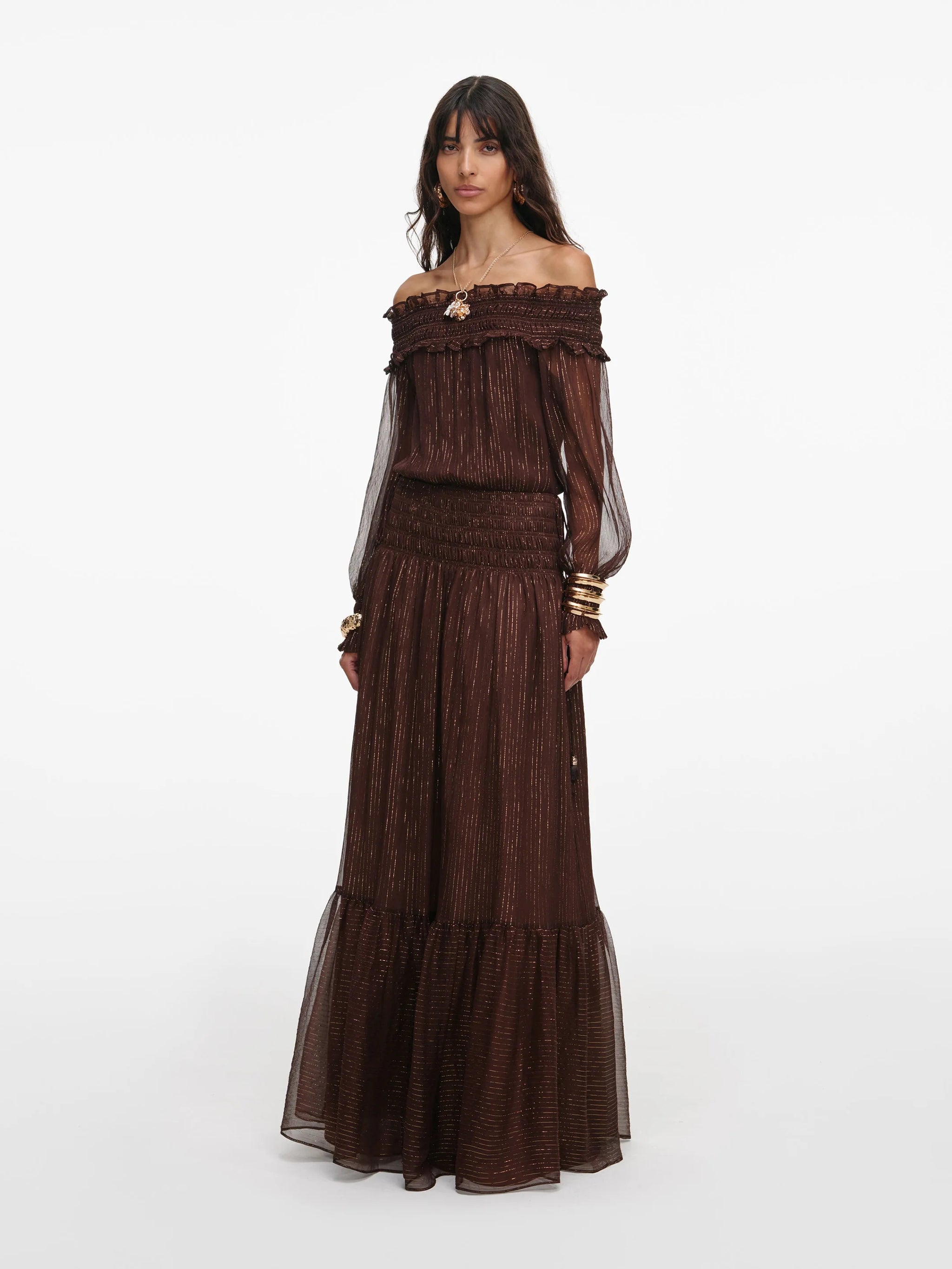 SELF-PORTRAIT Maxi Dress with Off-the-Shoulder Ruffles