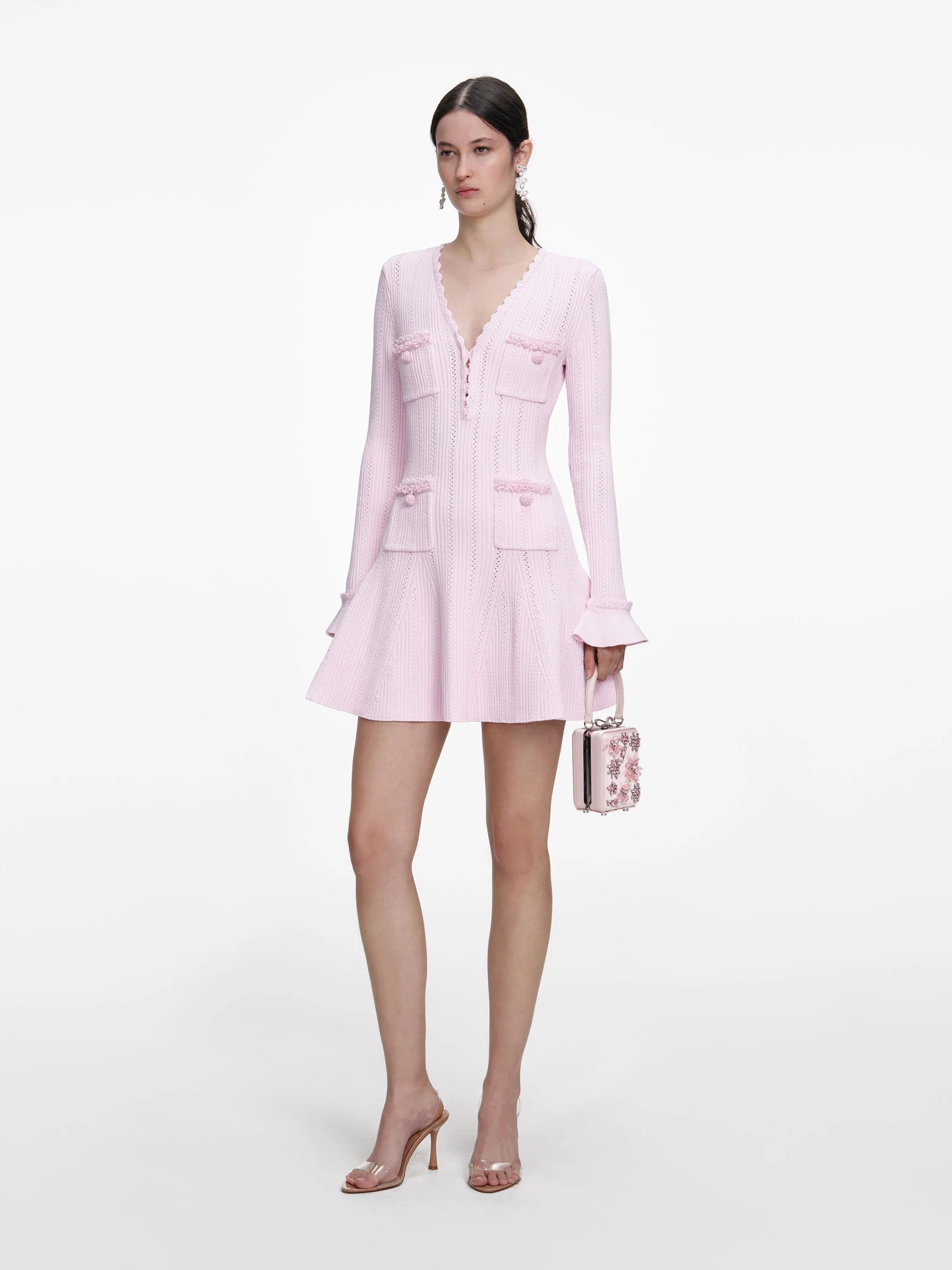 SELF-PORTRAIT Chic Long-Sleeved Mini Dress with Pearl Trim