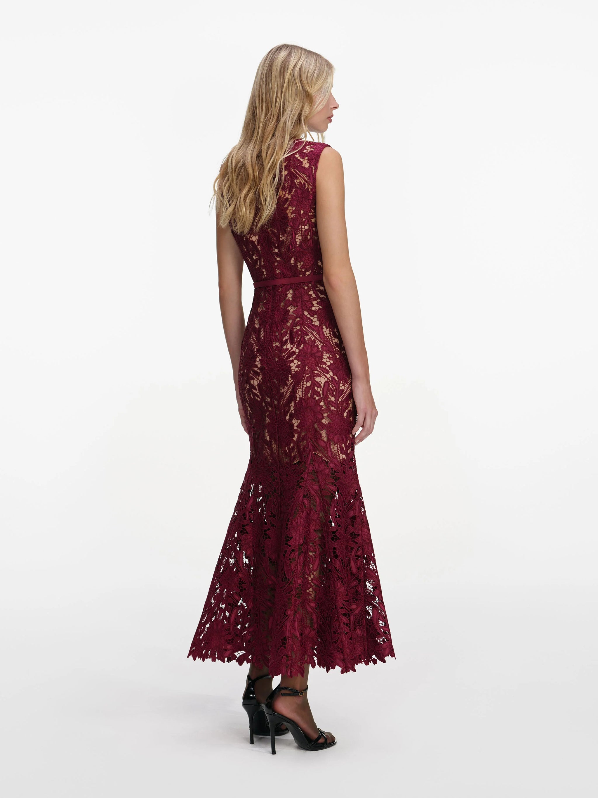 SELF-PORTRAIT Guipure Lace Midi Dress with Removable Belt