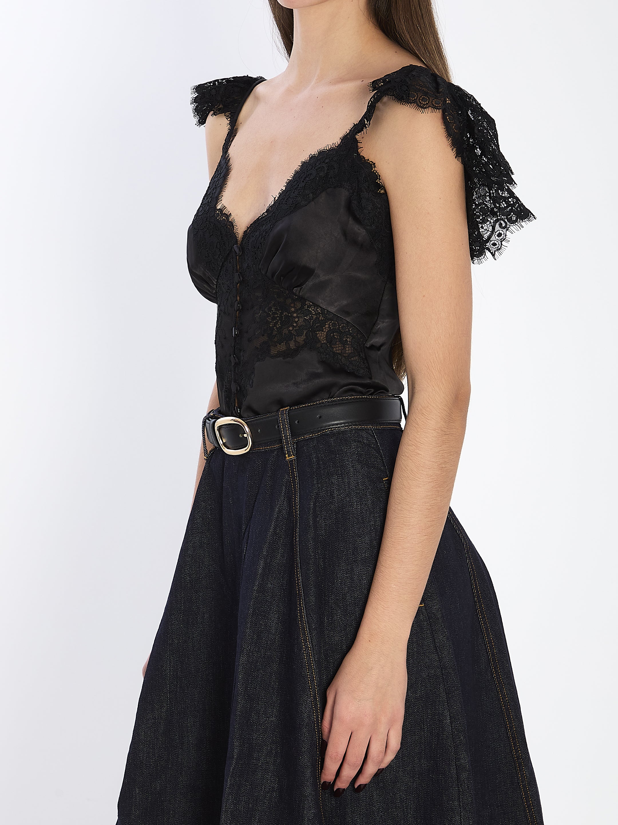 SELF-PORTRAIT Cropped Satin Lace Top with Sweetheart Neckline