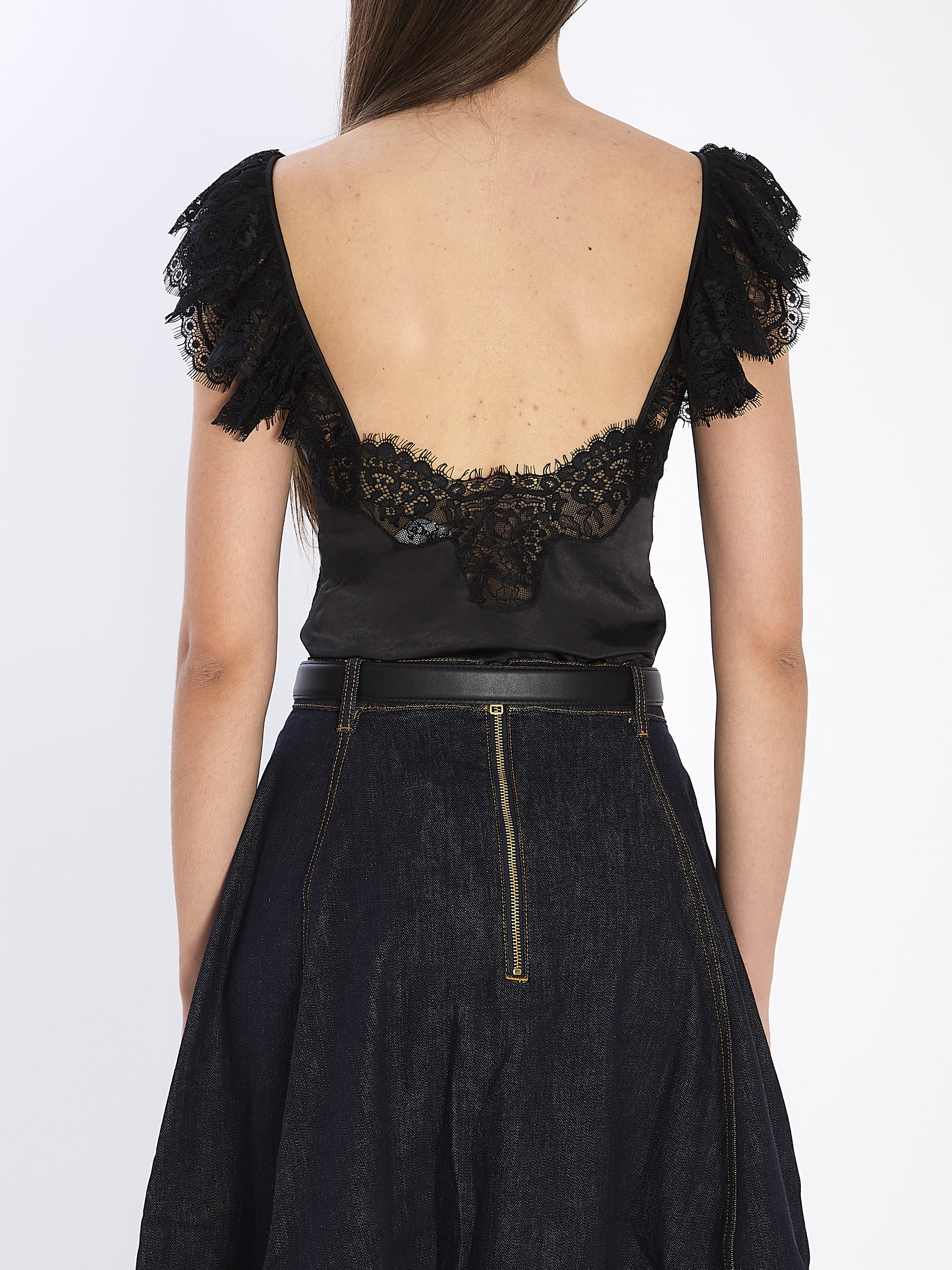 SELF-PORTRAIT Cropped Satin Lace Top with Sweetheart Neckline