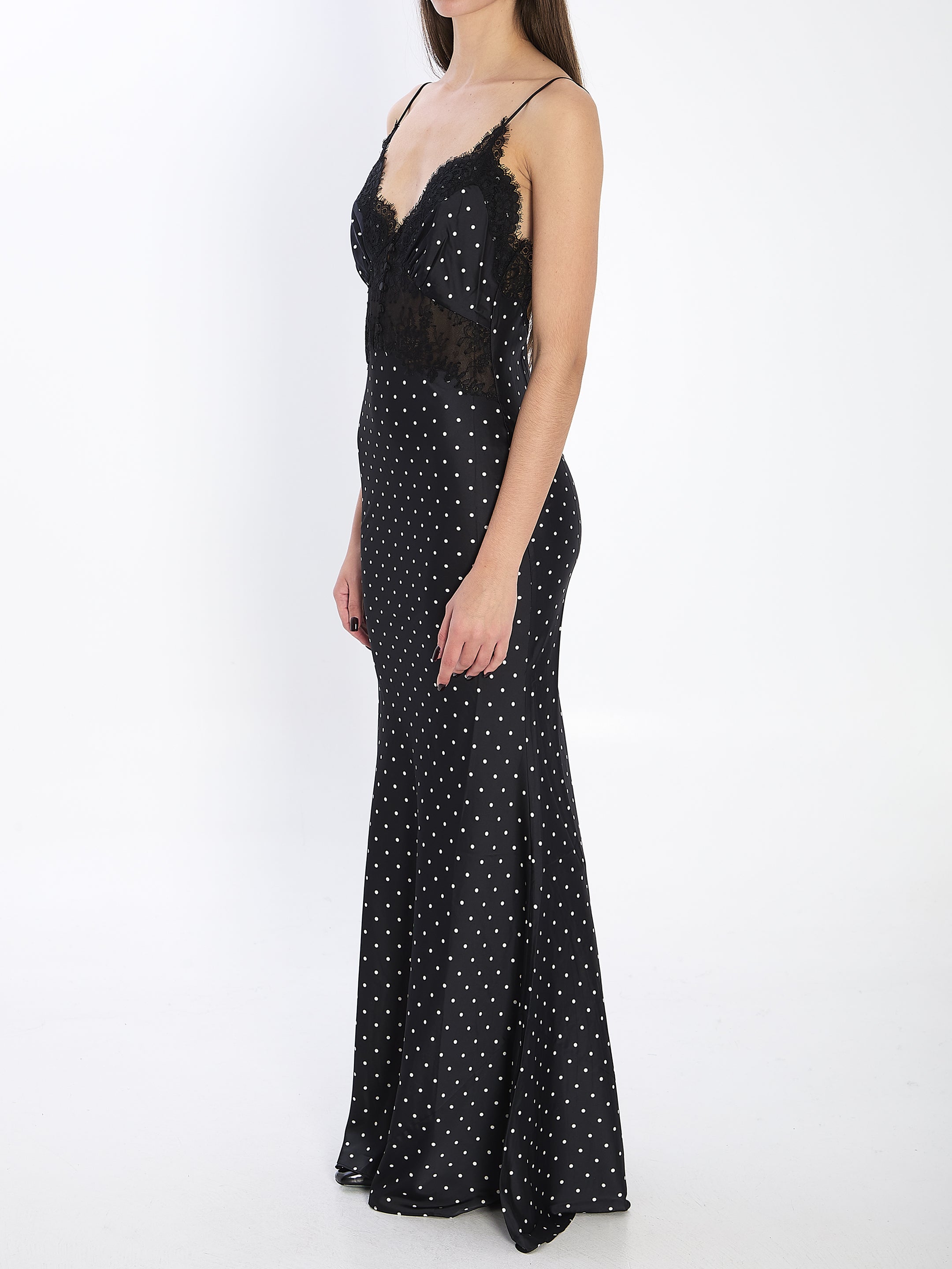 SELF-PORTRAIT Polka Dot Satin Lace Maxi Dress