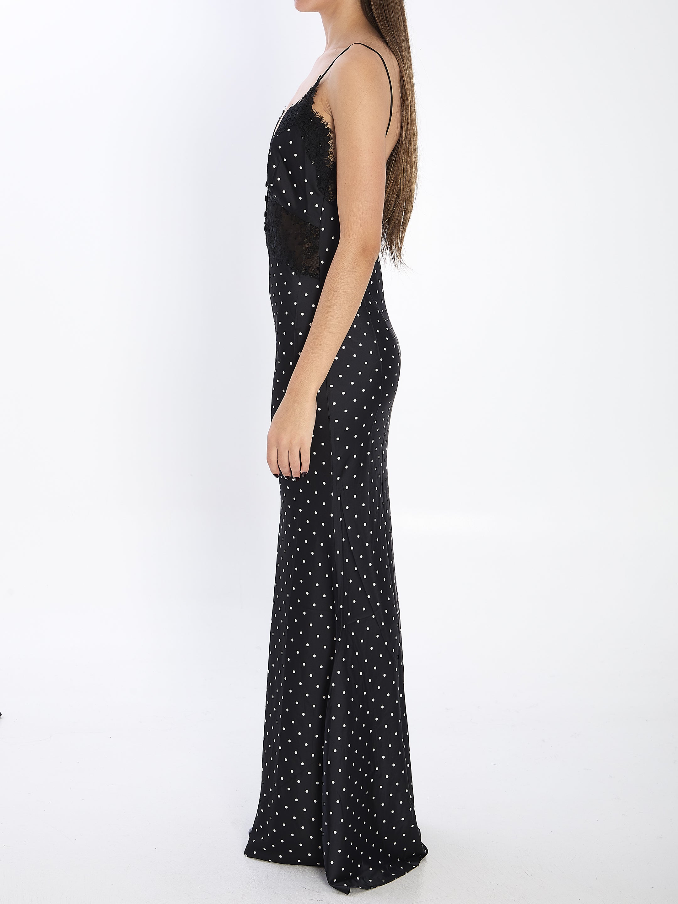 SELF-PORTRAIT Polka Dot Satin Lace Maxi Dress