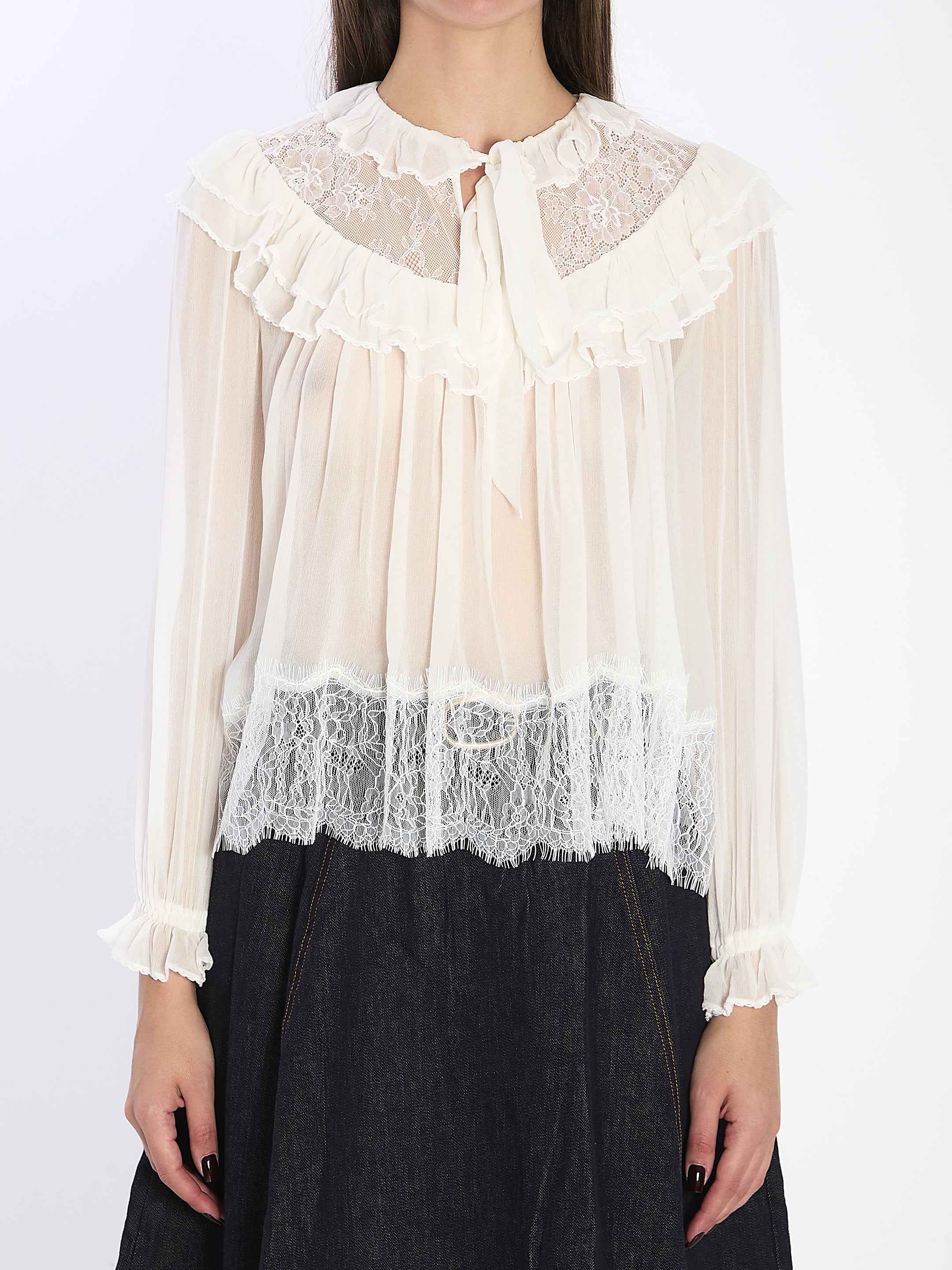 SELF-PORTRAIT Georgette Lace Blouse with Ruffles - Regular Fit