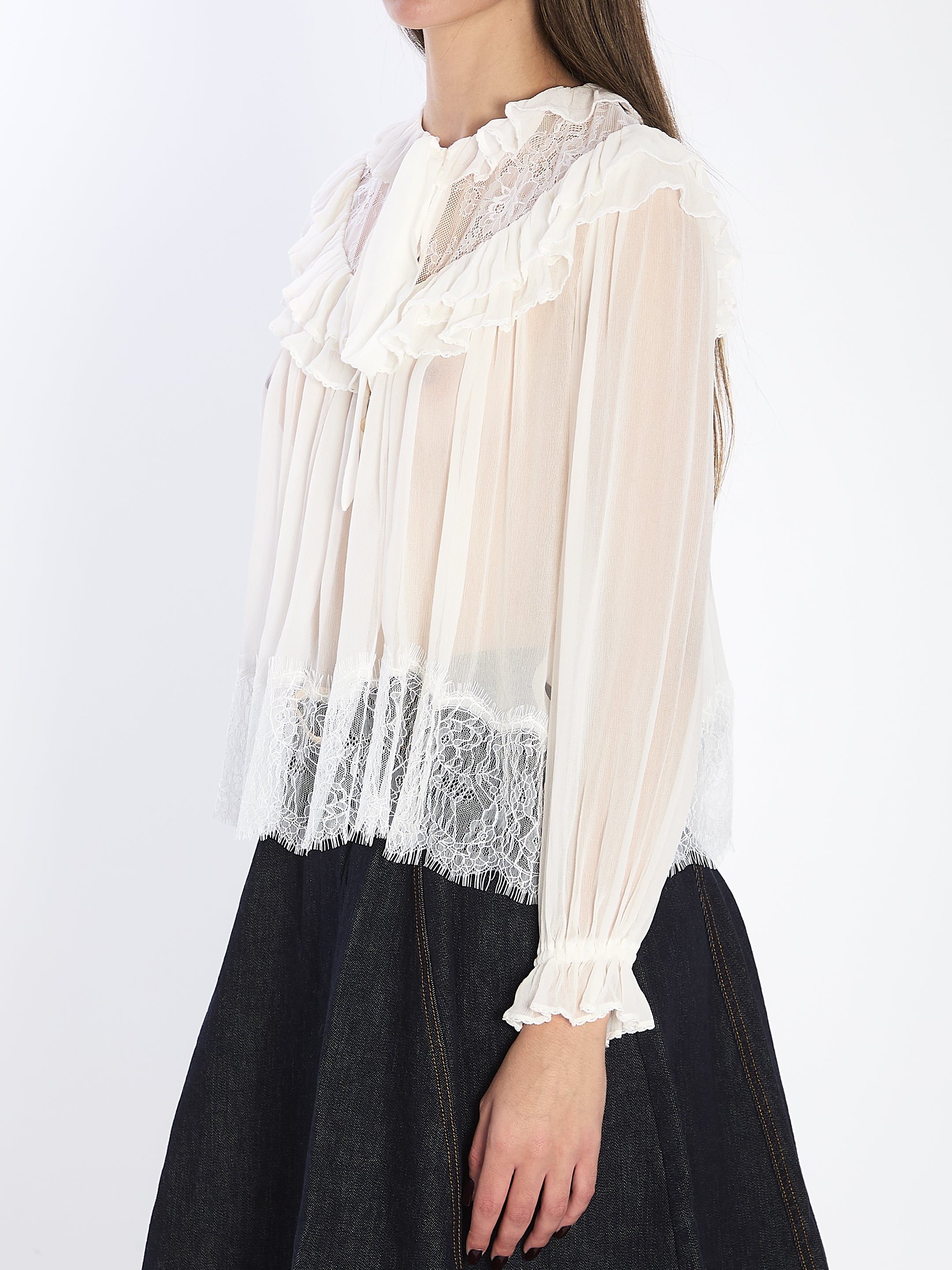SELF-PORTRAIT Georgette Lace Blouse with Ruffles - Regular Fit