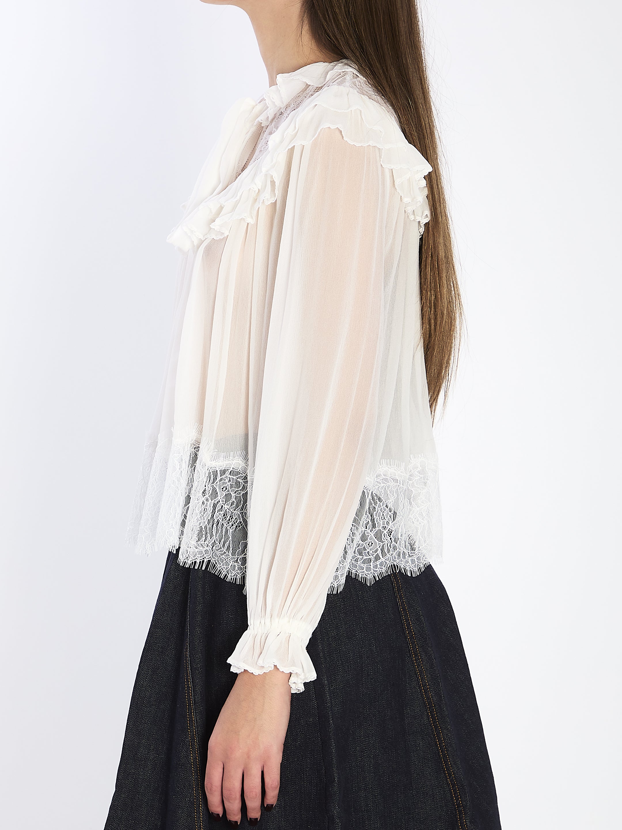 SELF-PORTRAIT Georgette Lace Blouse with Ruffles - Regular Fit