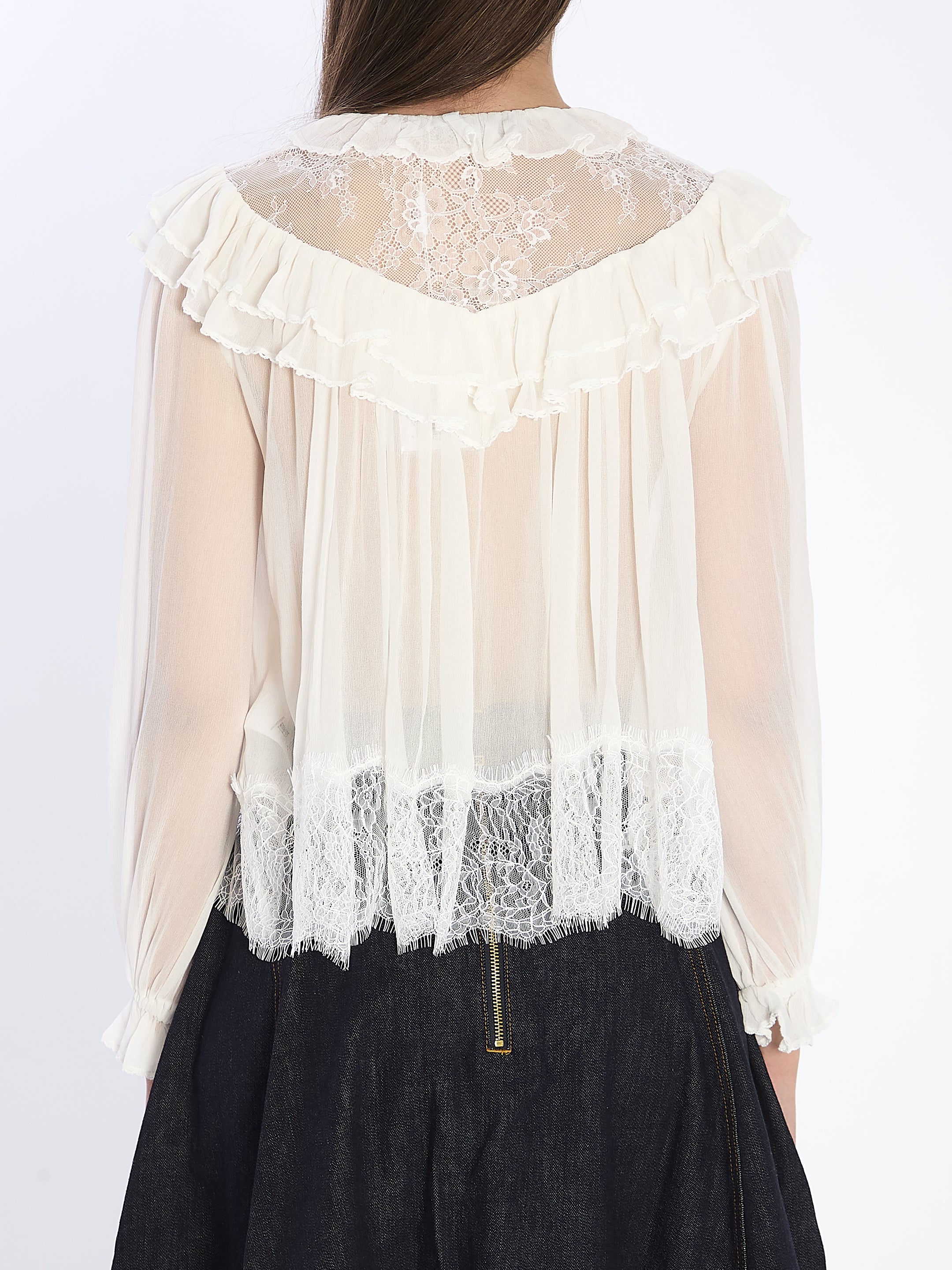 SELF-PORTRAIT Georgette Lace Blouse with Ruffles - Regular Fit