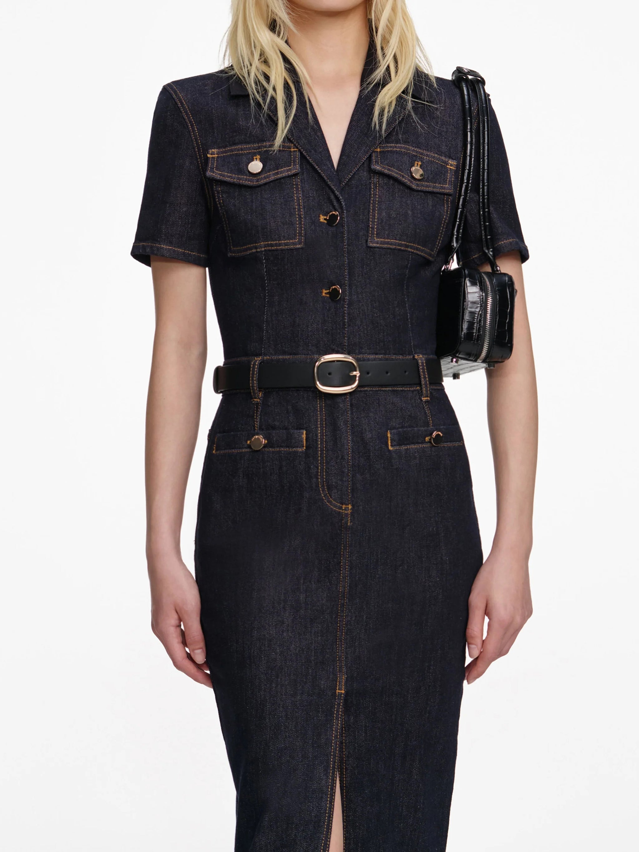 SELF-PORTRAIT Denim Midi Dress with Removable Belt and Pocket