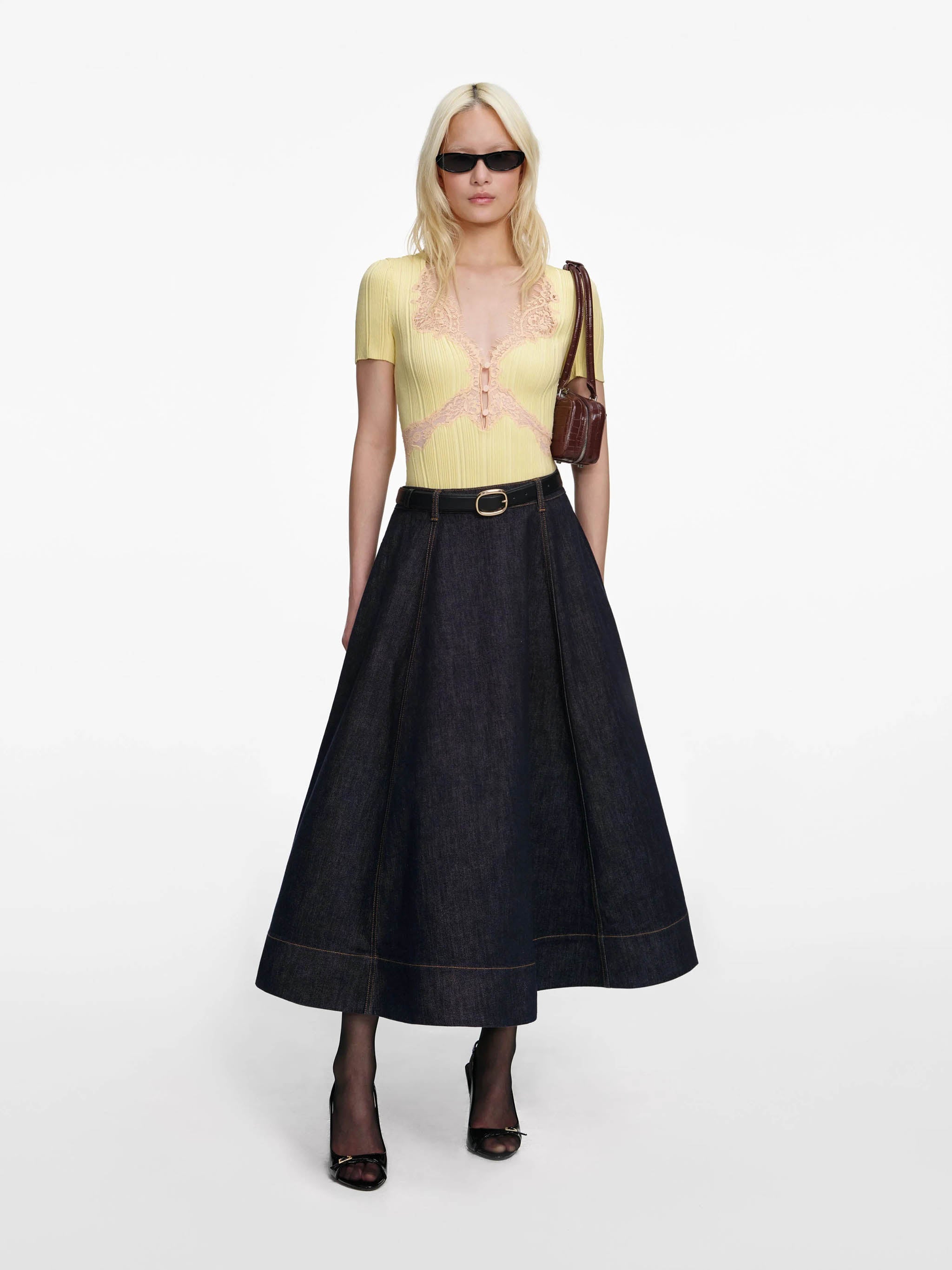 SELF-PORTRAIT Flared Midi Skirt with Back Zip Closure