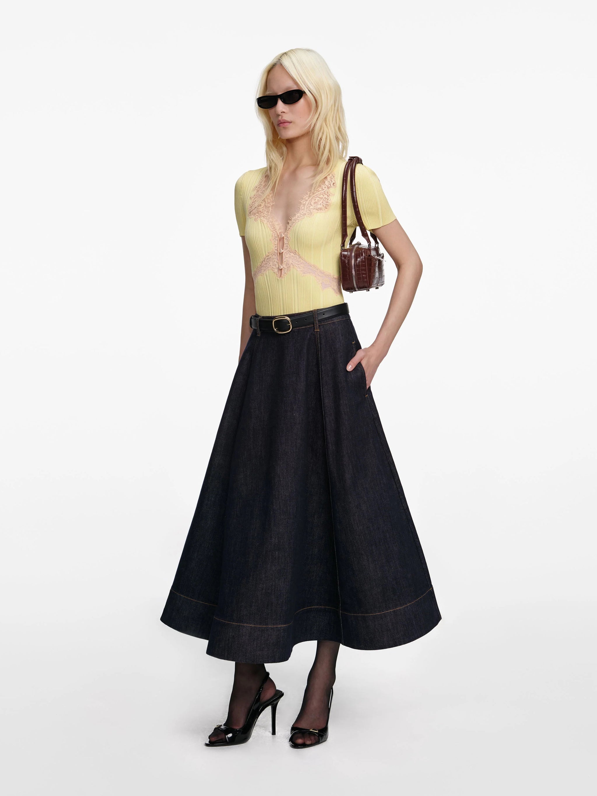 SELF-PORTRAIT Flared Midi Skirt with Back Zip Closure