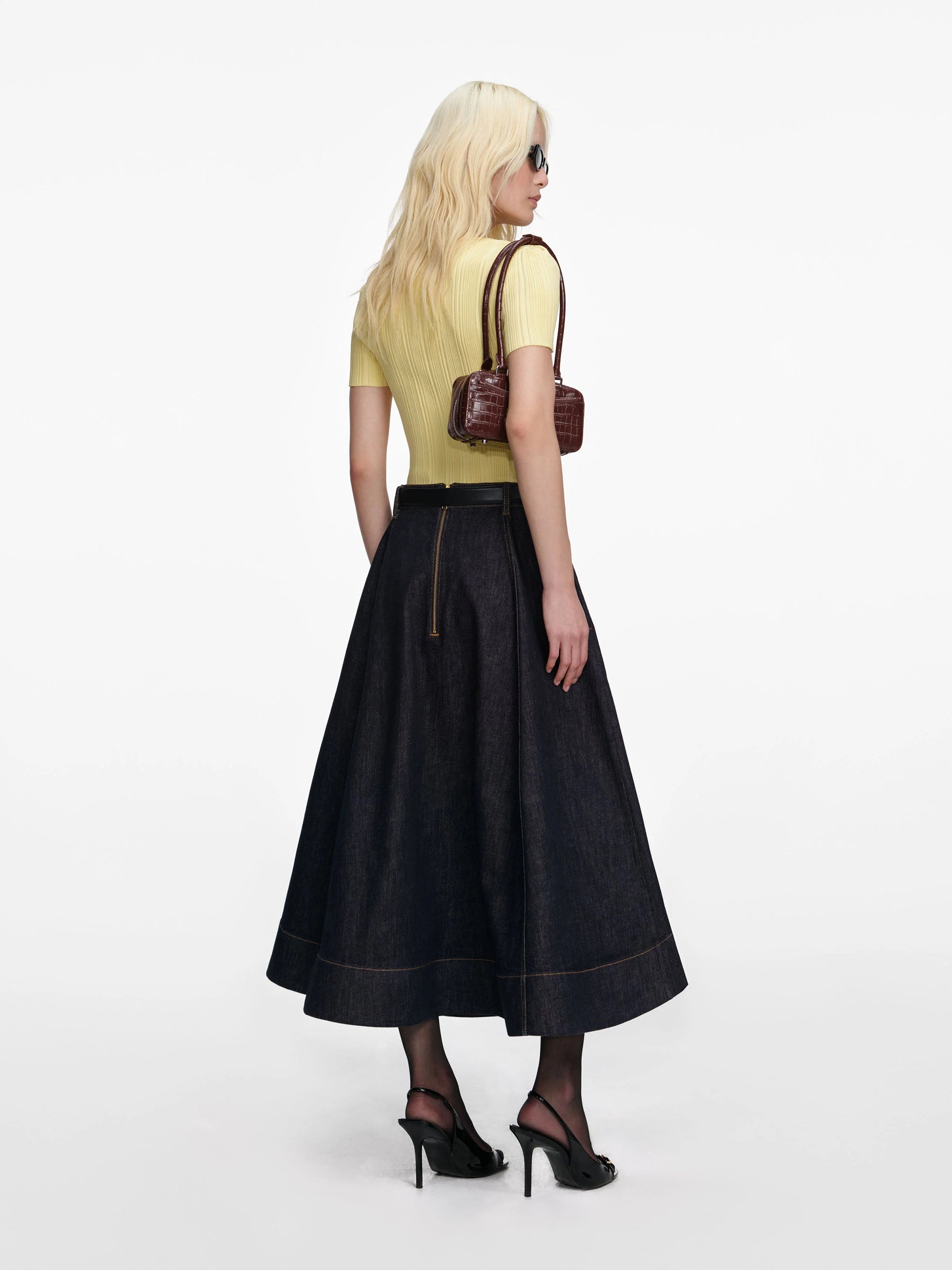 SELF-PORTRAIT Flared Midi Skirt with Back Zip Closure