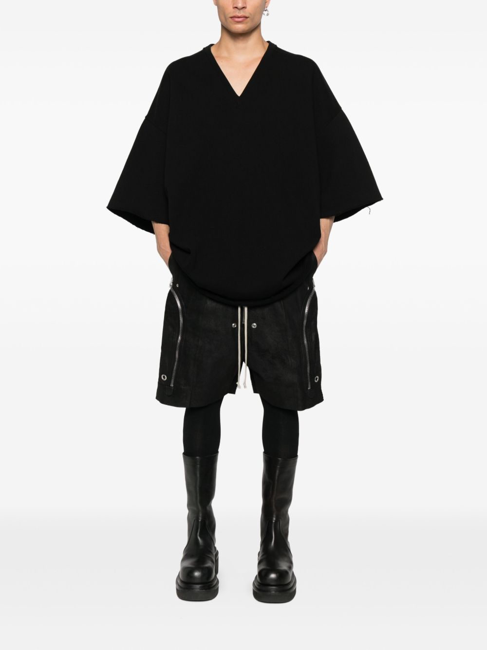 RICK OWENS V-Neck Oversized T-Shirt with Signature Shoulder Seams
