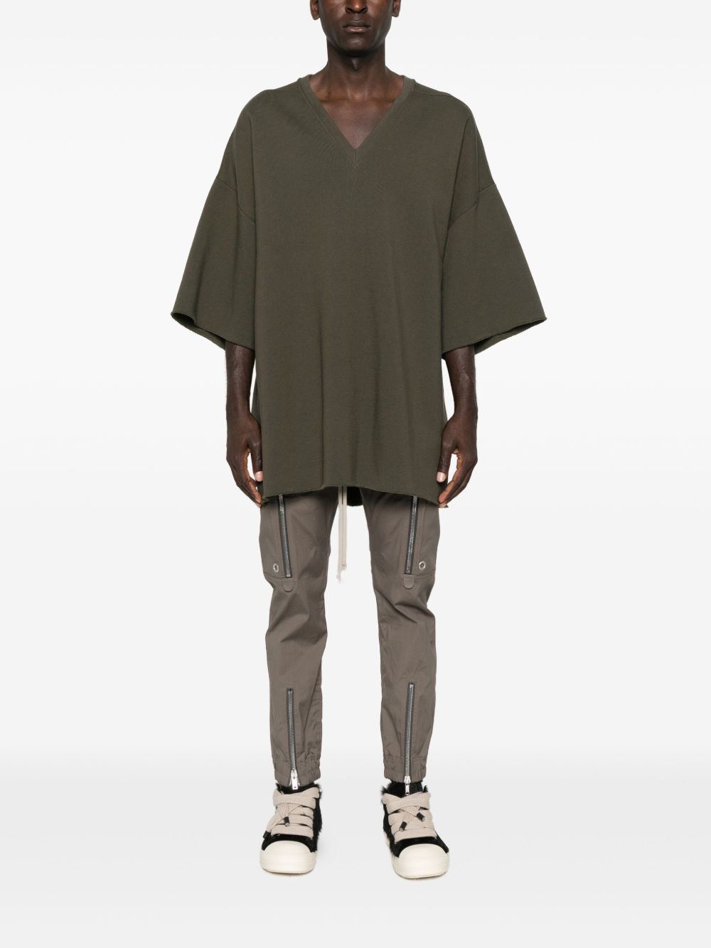 RICK OWENS V-Neck Oversized T-Shirt with Signature Shoulder Seams