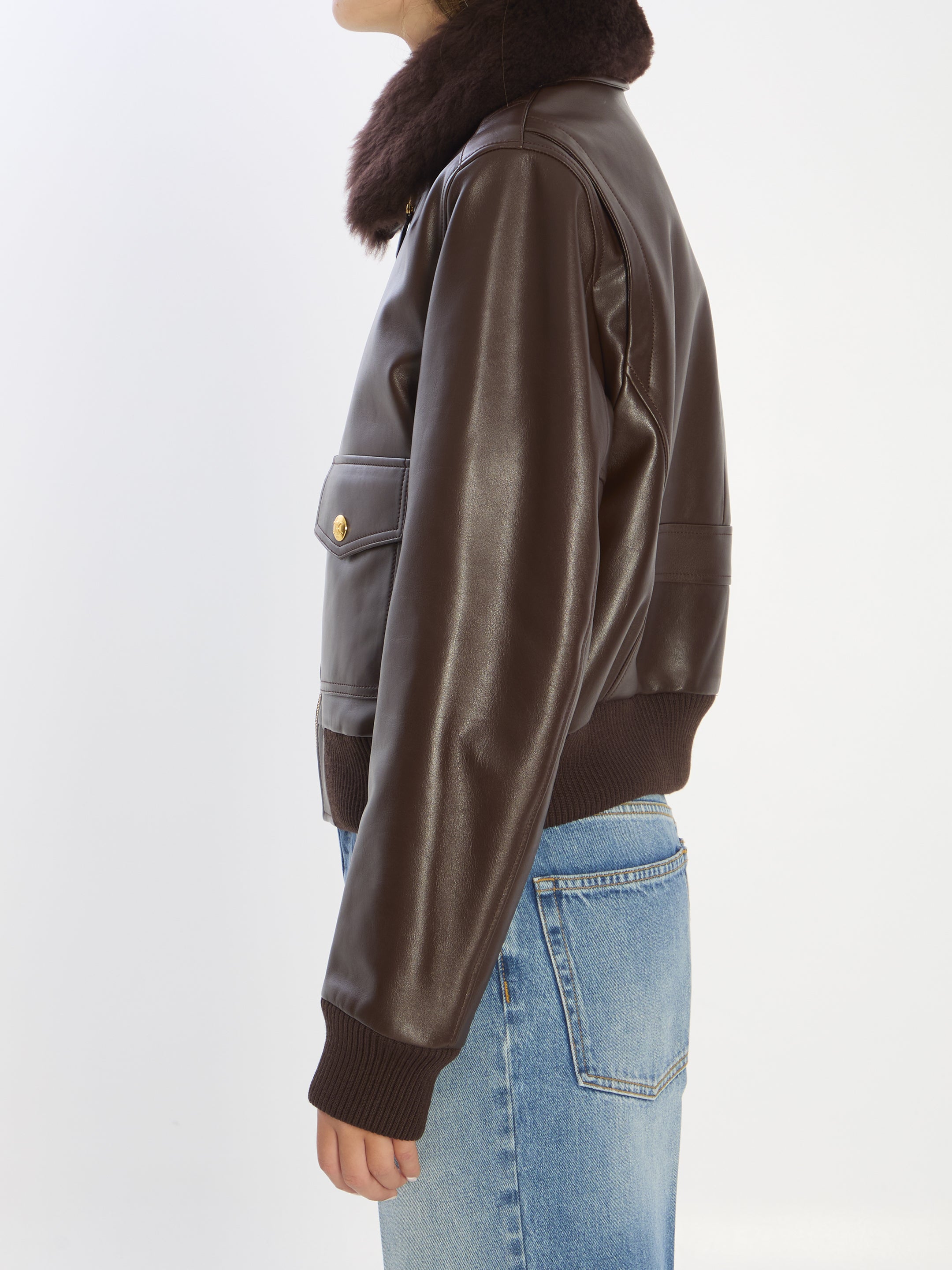 CELINE Aviator Leather Jacket with Removable Shearling Collar - Size 40