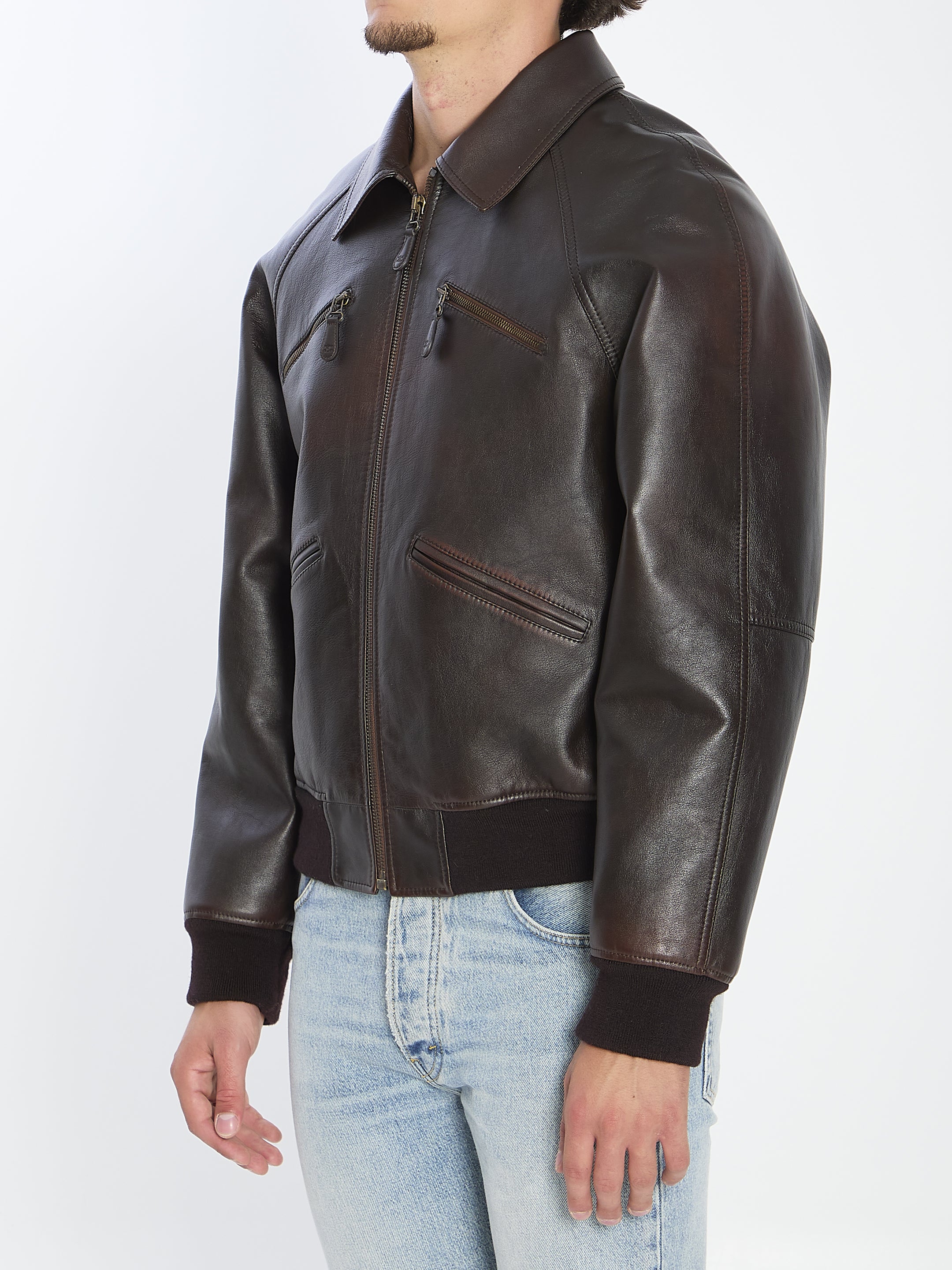 CELINE Men's 100% Leather Bomber Jacket - Classic Fit, Size 50 IT