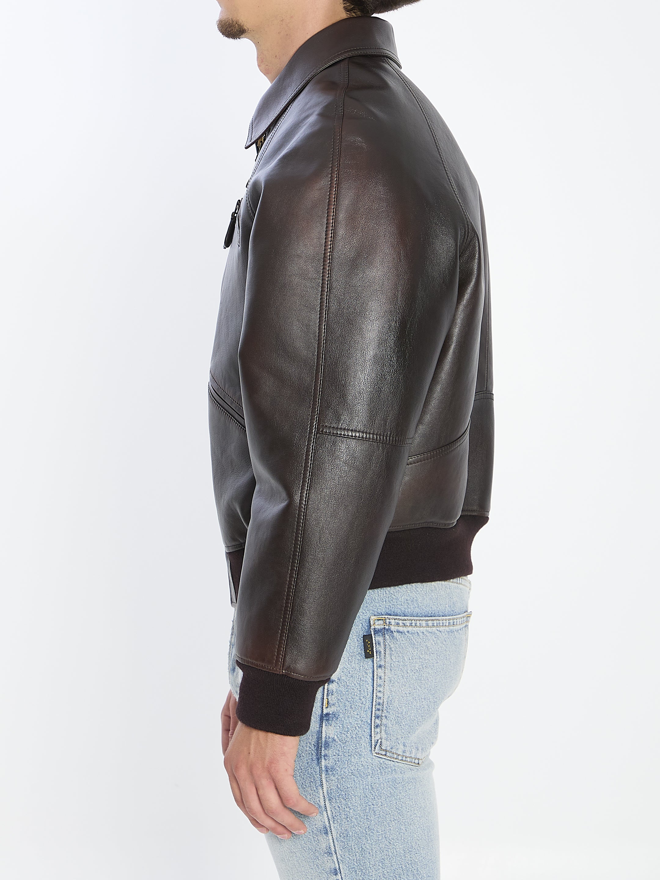 CELINE Men's 100% Leather Bomber Jacket - Classic Fit, Size 50 IT