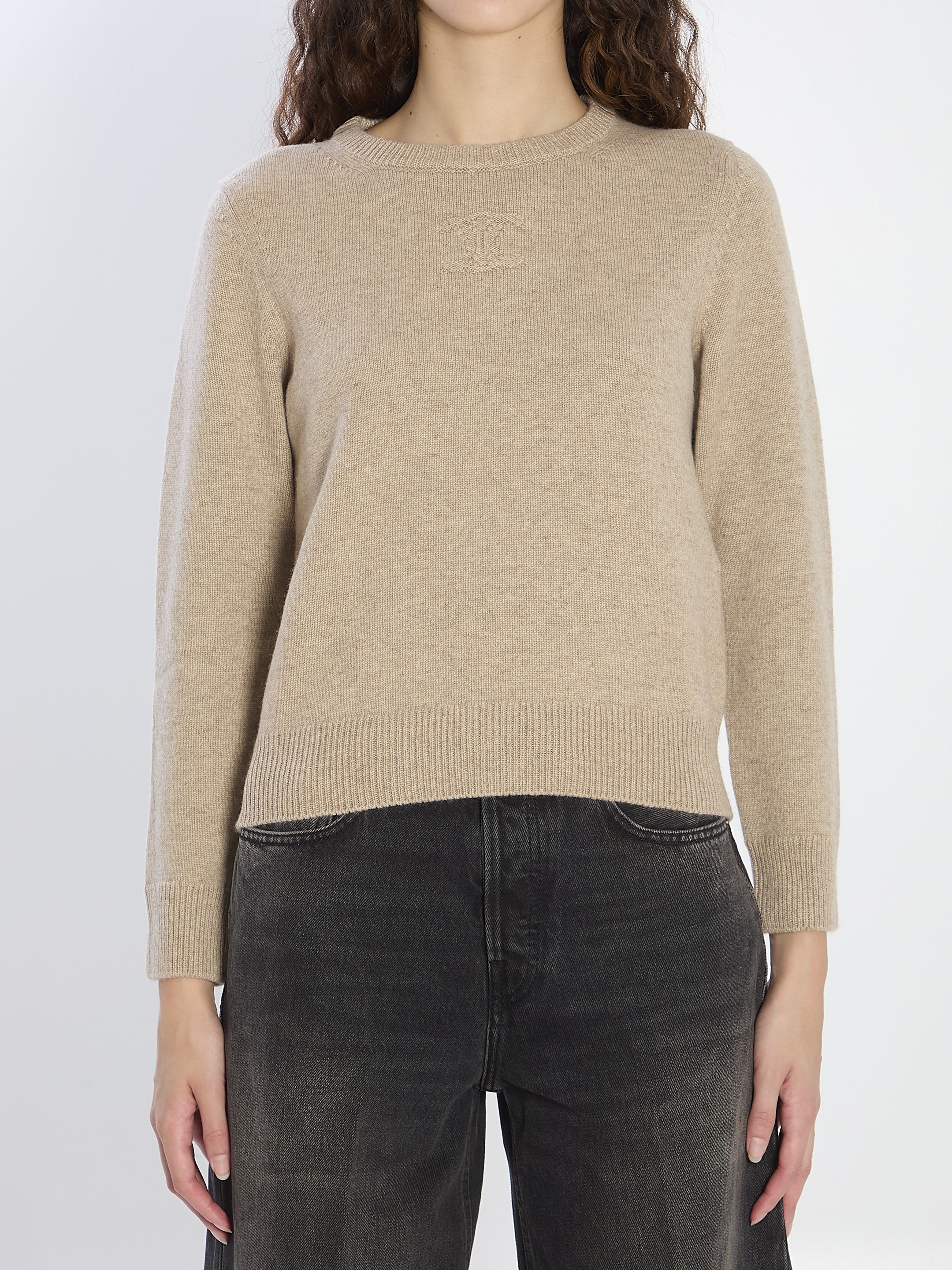 CELINE Cropped Cashmere Sweater with Embroidered Logo - Women's