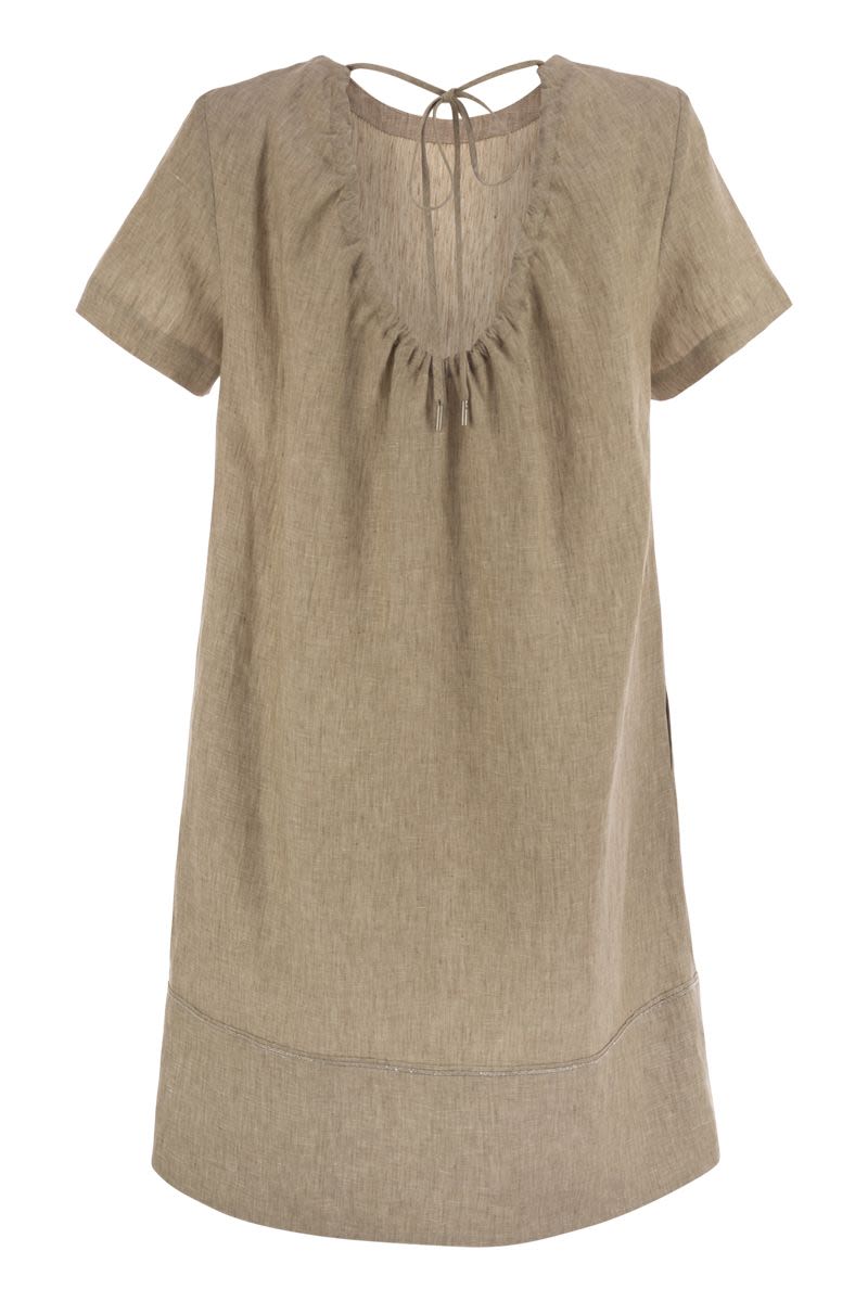 PESERICO Linen Midi Dress with Short Sleeves and Scoop Neck