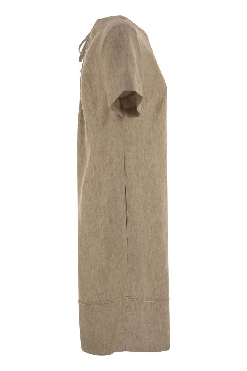 PESERICO Linen Midi Dress with Short Sleeves and Scoop Neck