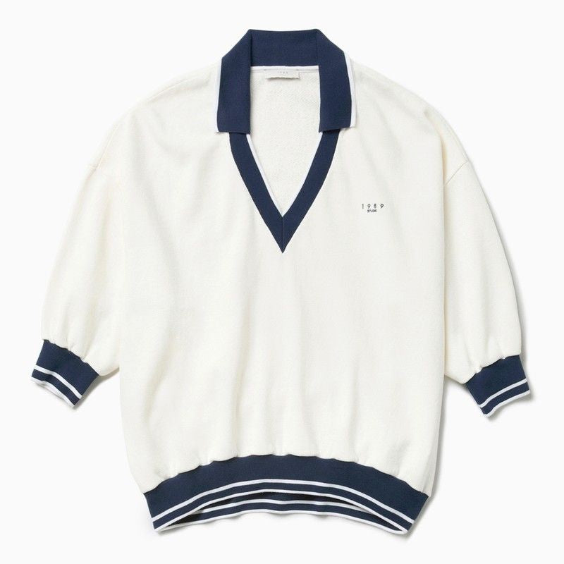 1989 STUDIO V-Neck Sweatshirt with Open Collar and Striped Details