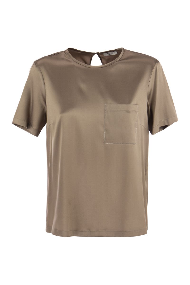 PESERICO Elegant Silk Satin T-Shirt with Patch Pocket - Regular Fit