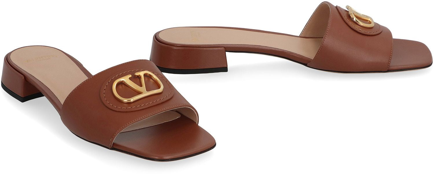VALENTINO Signature Leather Slide Sandals - Square Toeline
