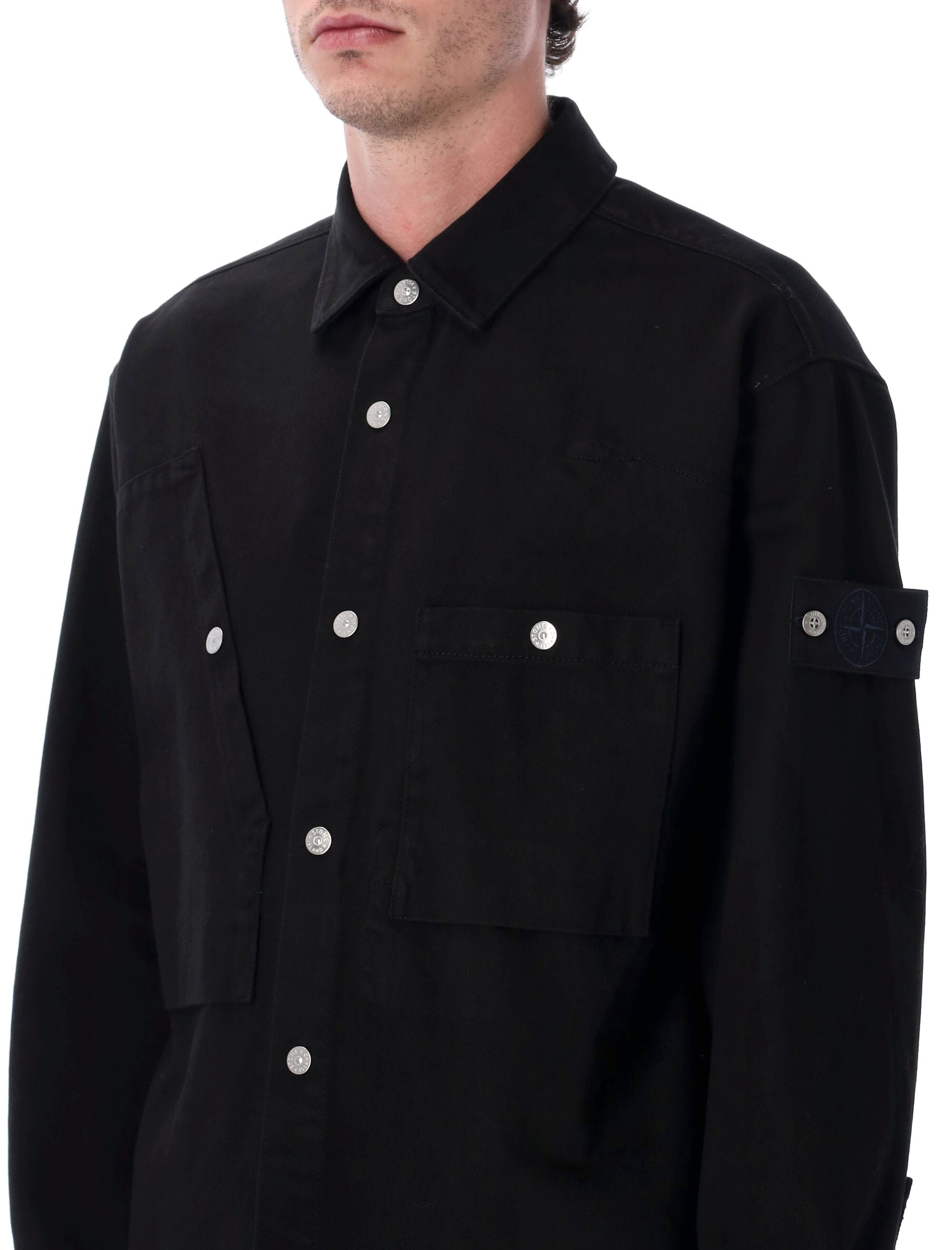 STONE ISLAND Men's Bull Denim-TC Overshirt with Bellows Pockets - Size L