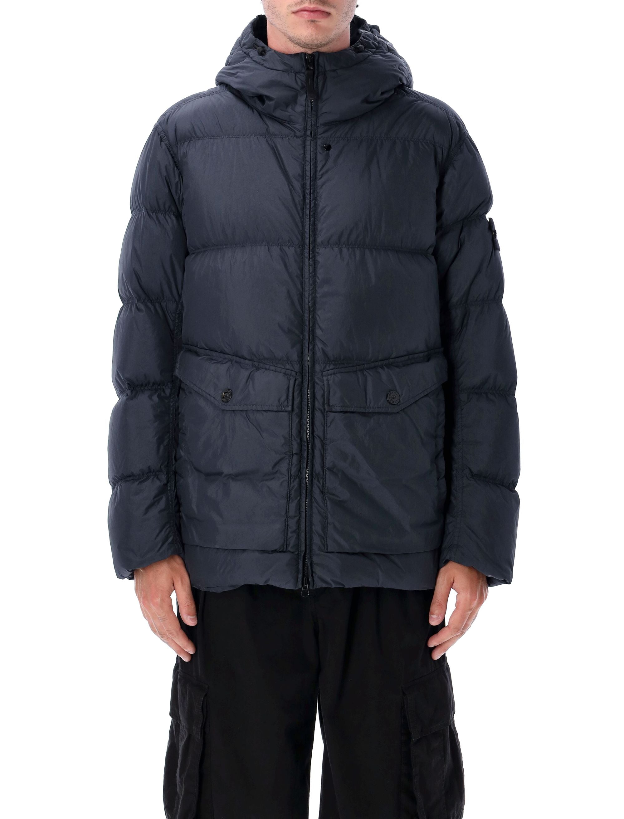 STONE ISLAND Garment Dyed Crinkle Hooded Down Jacket - Size L