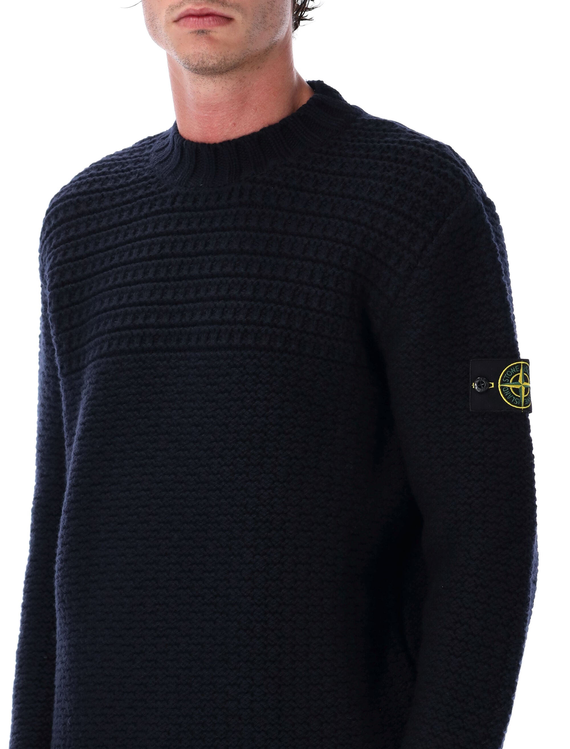 STONE ISLAND Men's Wool Mock Neck Jumper with Ribbed Trims - Size L