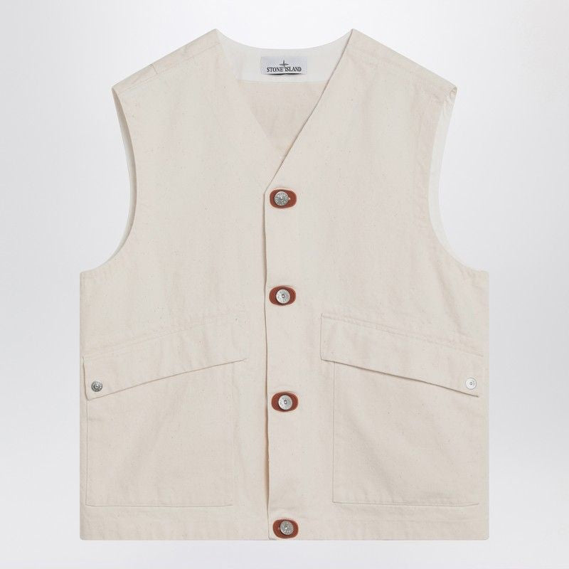 STONE ISLAND Cotton Vest with V-Neck and Front Pockets - Fall/Winter 2025