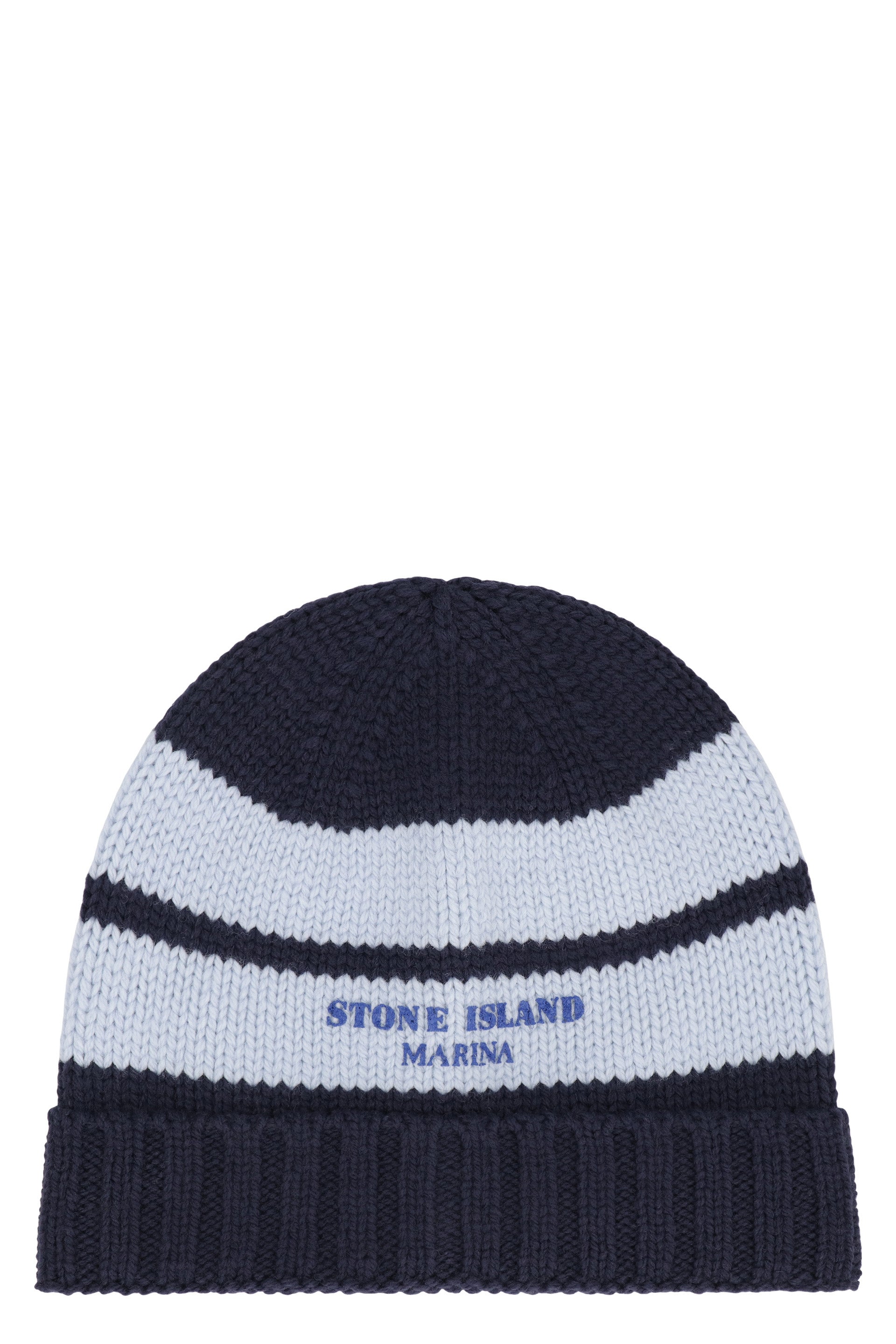 STONE ISLAND Wool Knit Hat with Contrast Stripes and Ribbed Cuff