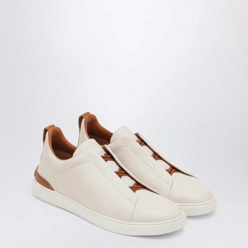 ZEGNA White Leather Triple Stitch Low-Top Slip-On Sneakers
