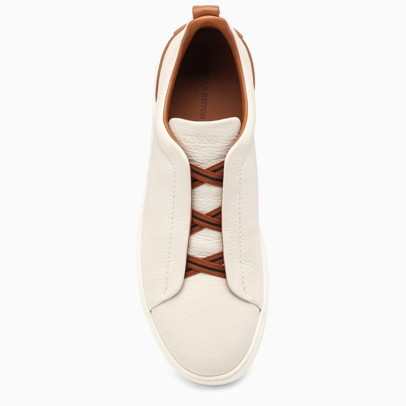 ZEGNA White Leather Triple Stitch Low-Top Slip-On Sneakers