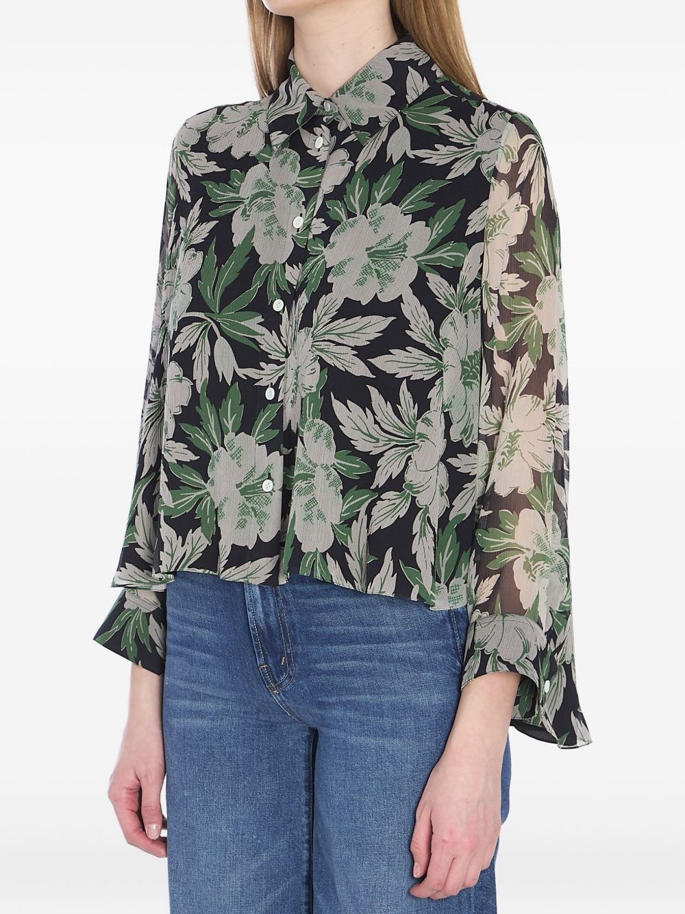 LOEWE Floral Print Silk Shirt with Ruffle Cuffs