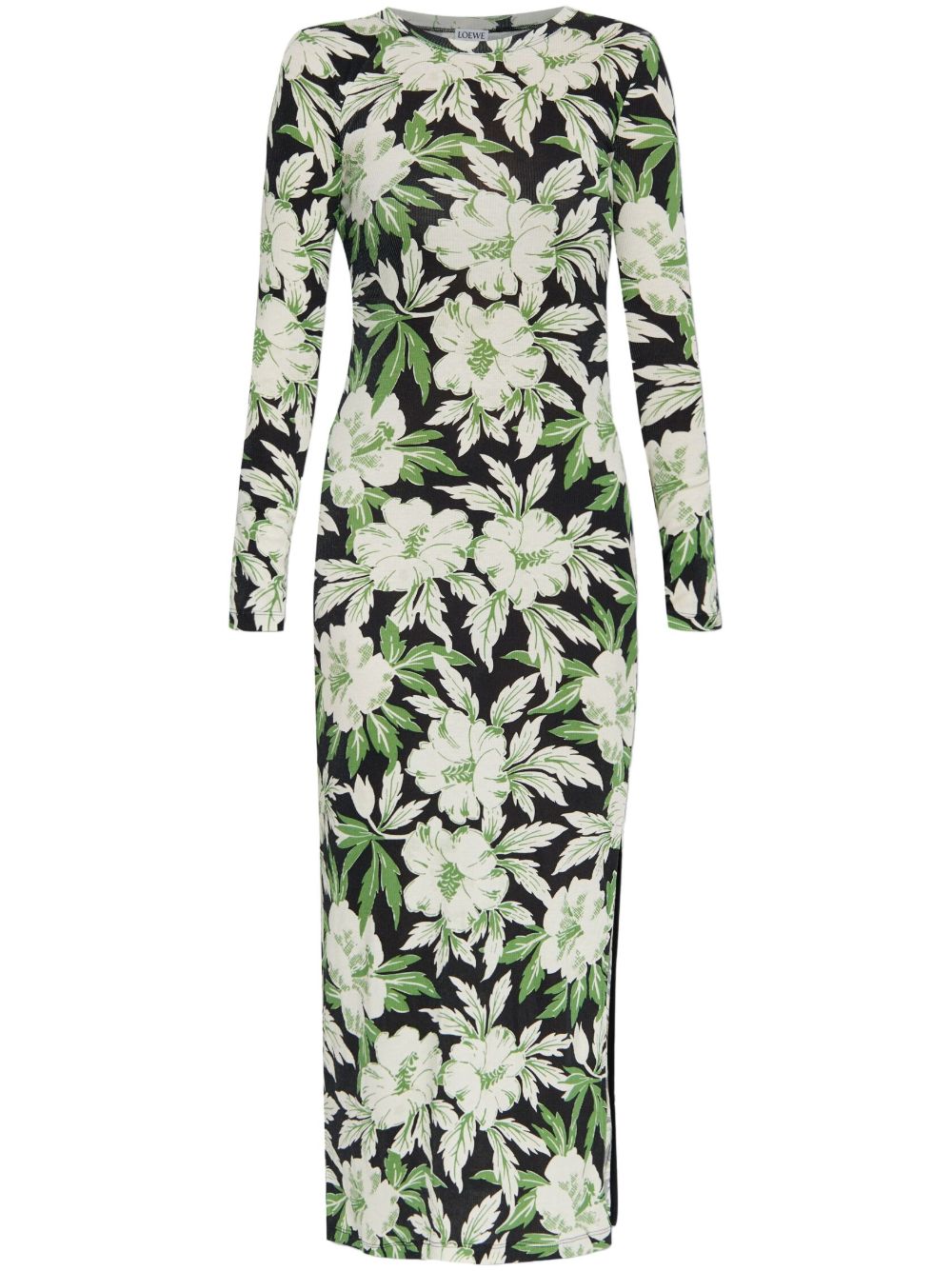 LOEWE Floral Print Crew Neck Dress with Side Slits