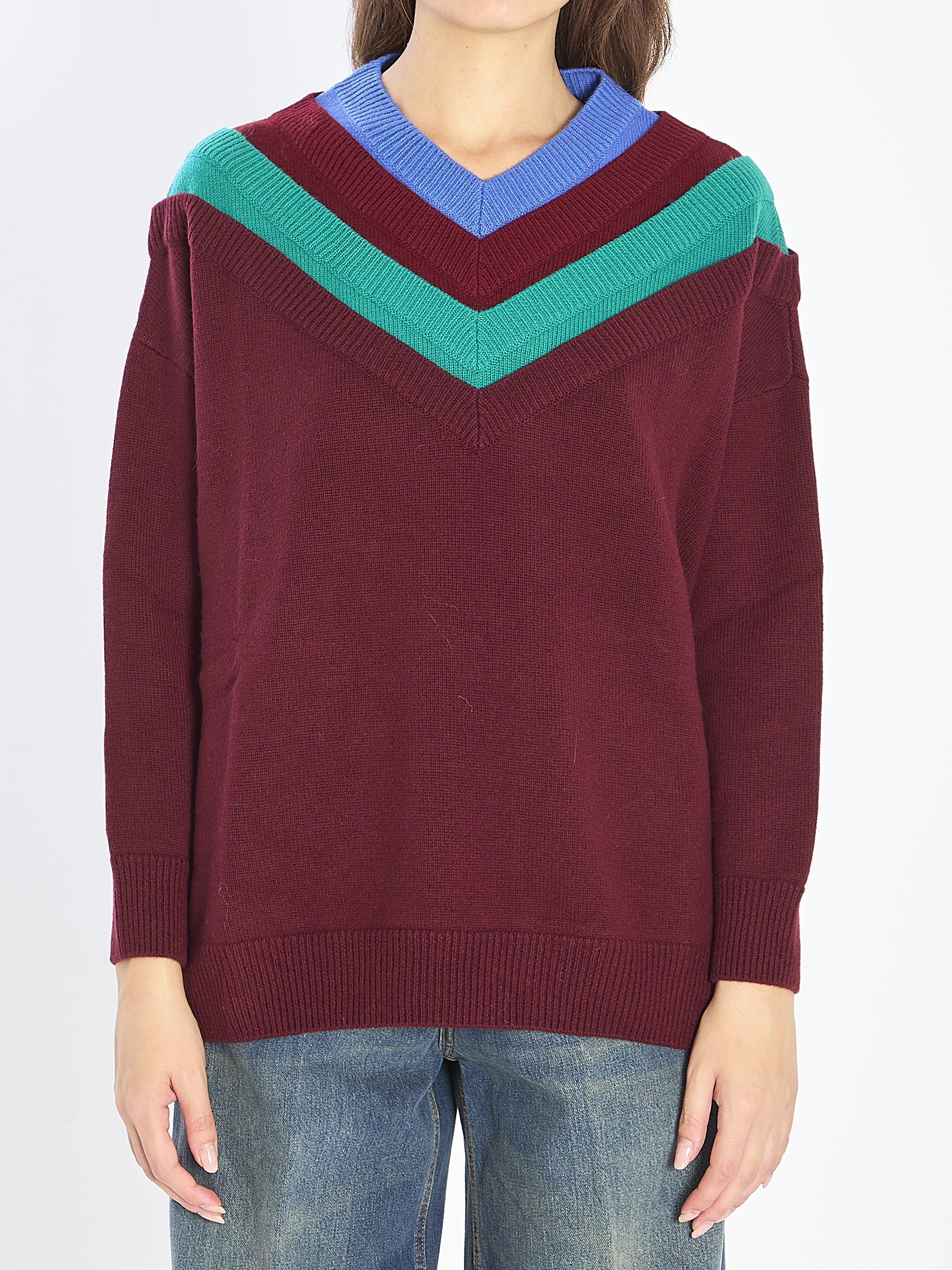 LOEWE Layered V-Neck Sweater with Leather Detail, Regular Fit