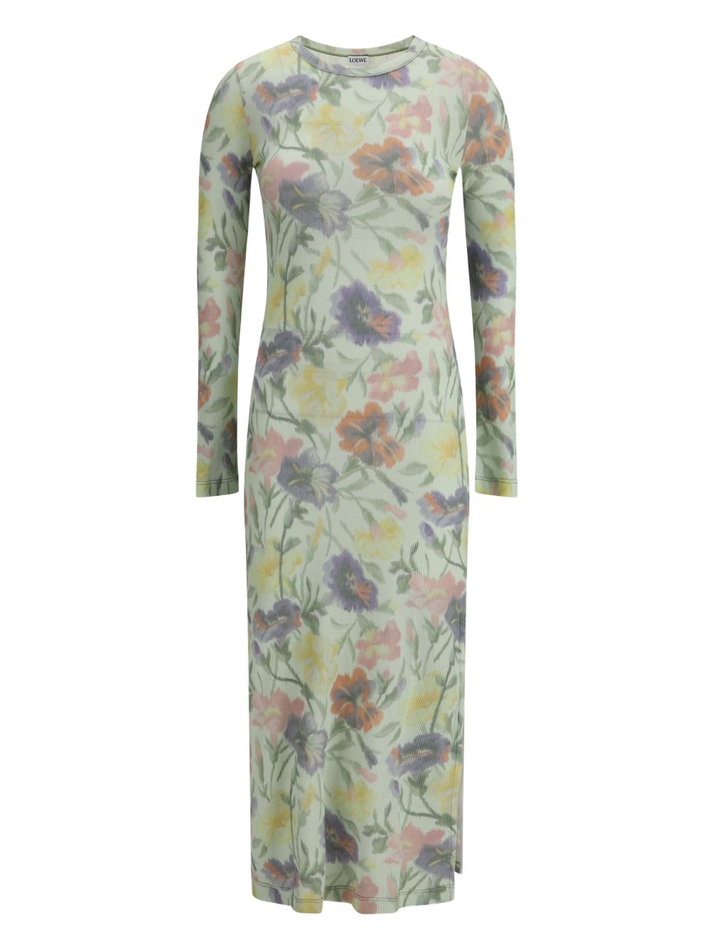 LOEWE Silk Long Dress with Side Slit and Embroidered Motif