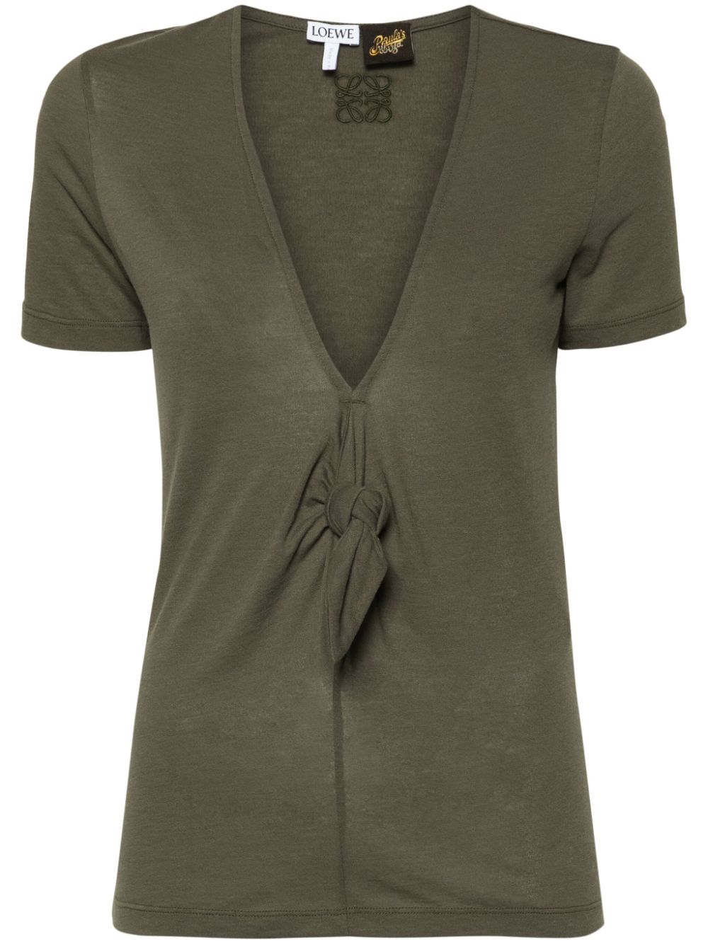 LOEWE Cotton Blend V-Neck T-Shirt with Knot Detail - Women’s