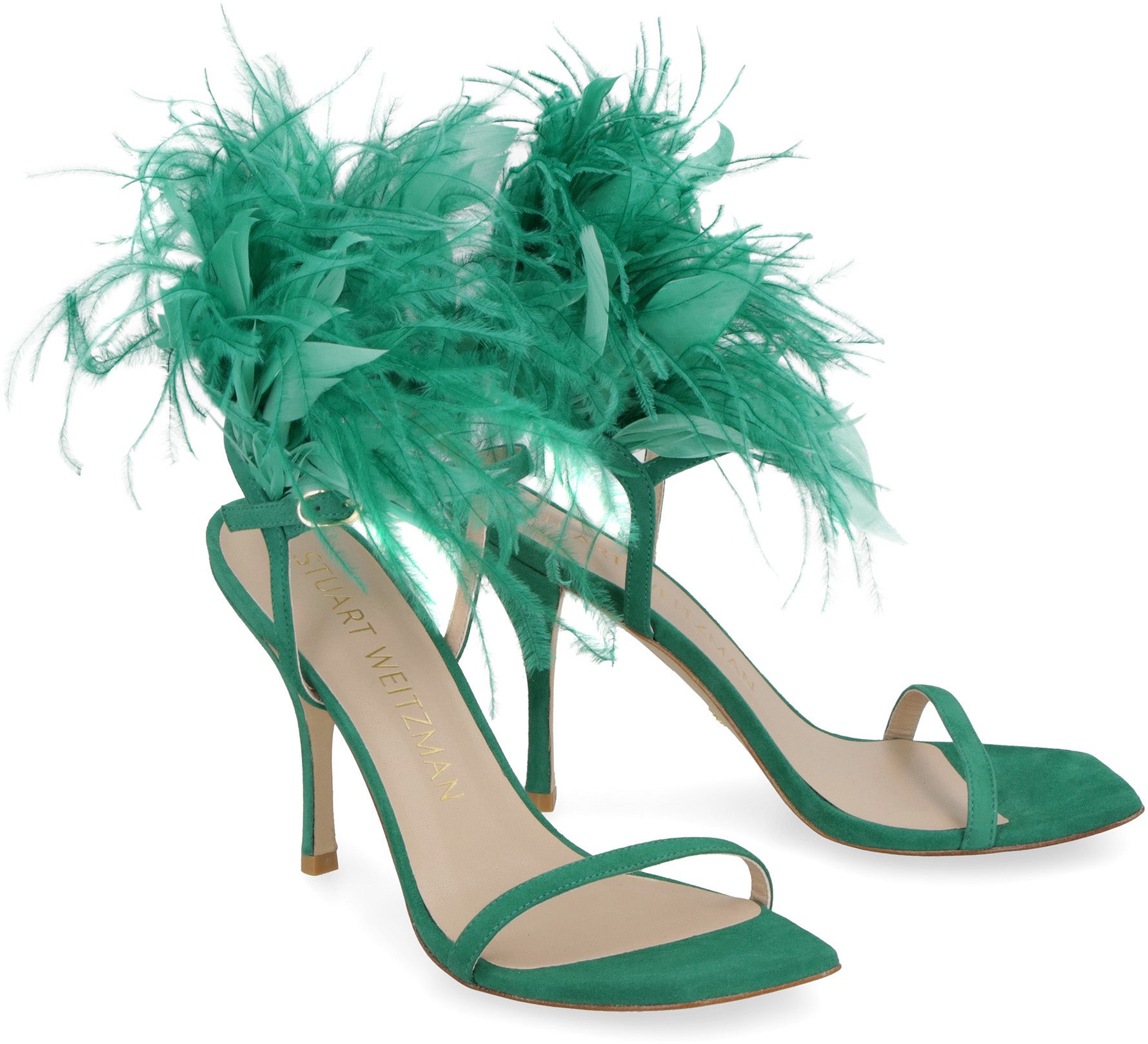 STUART WEITZMAN Plume Suede Sandals with Stiletto Heel
