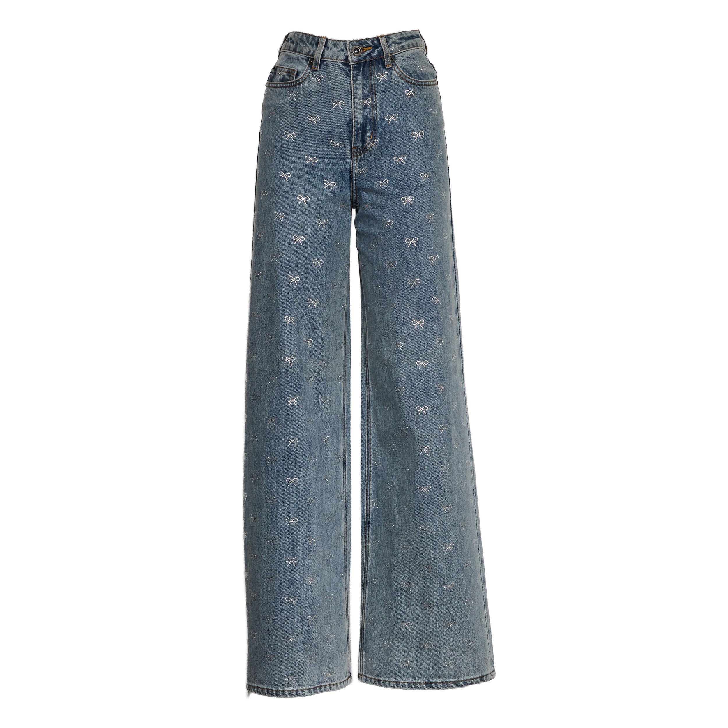 SELF-PORTAIT High-Waisted Diamante Bow Wide Leg Jeans