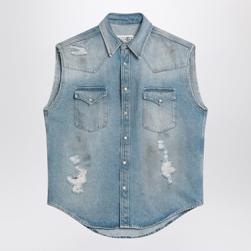 MM6 MAISON MARGIELA Faded Denim Vest with Rips - Men's SS25
