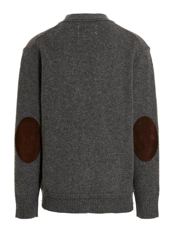MAISON MARGIELA Wool Cardigan with Brown Leather Inserts