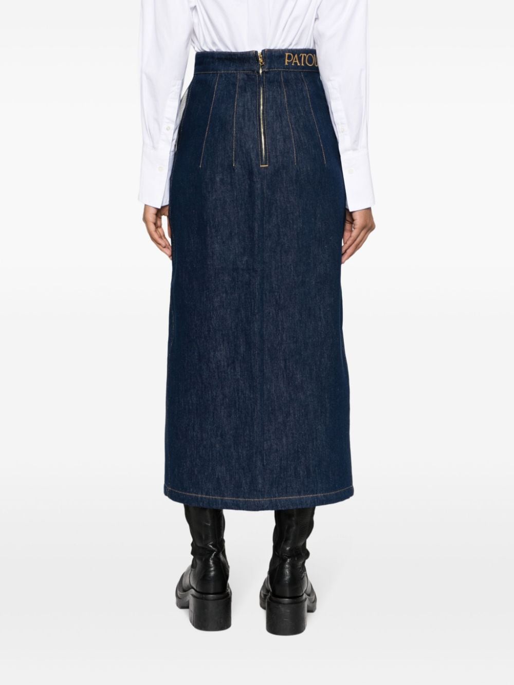 PATOU High-Waisted Denim Skirt with Gold-Tone Engraved Medallion