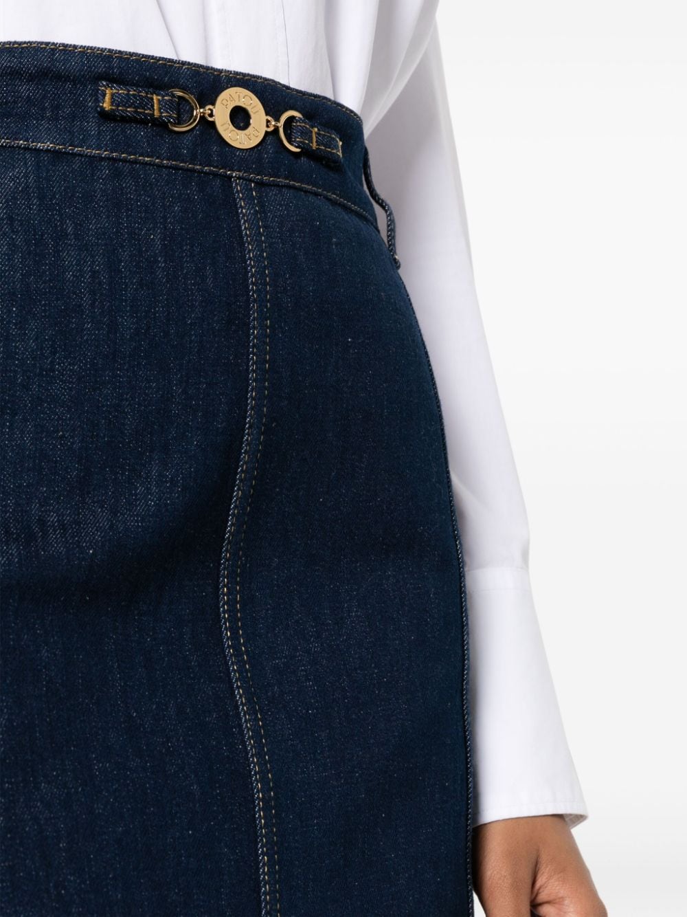 PATOU High-Waisted Denim Skirt with Gold-Tone Engraved Medallion